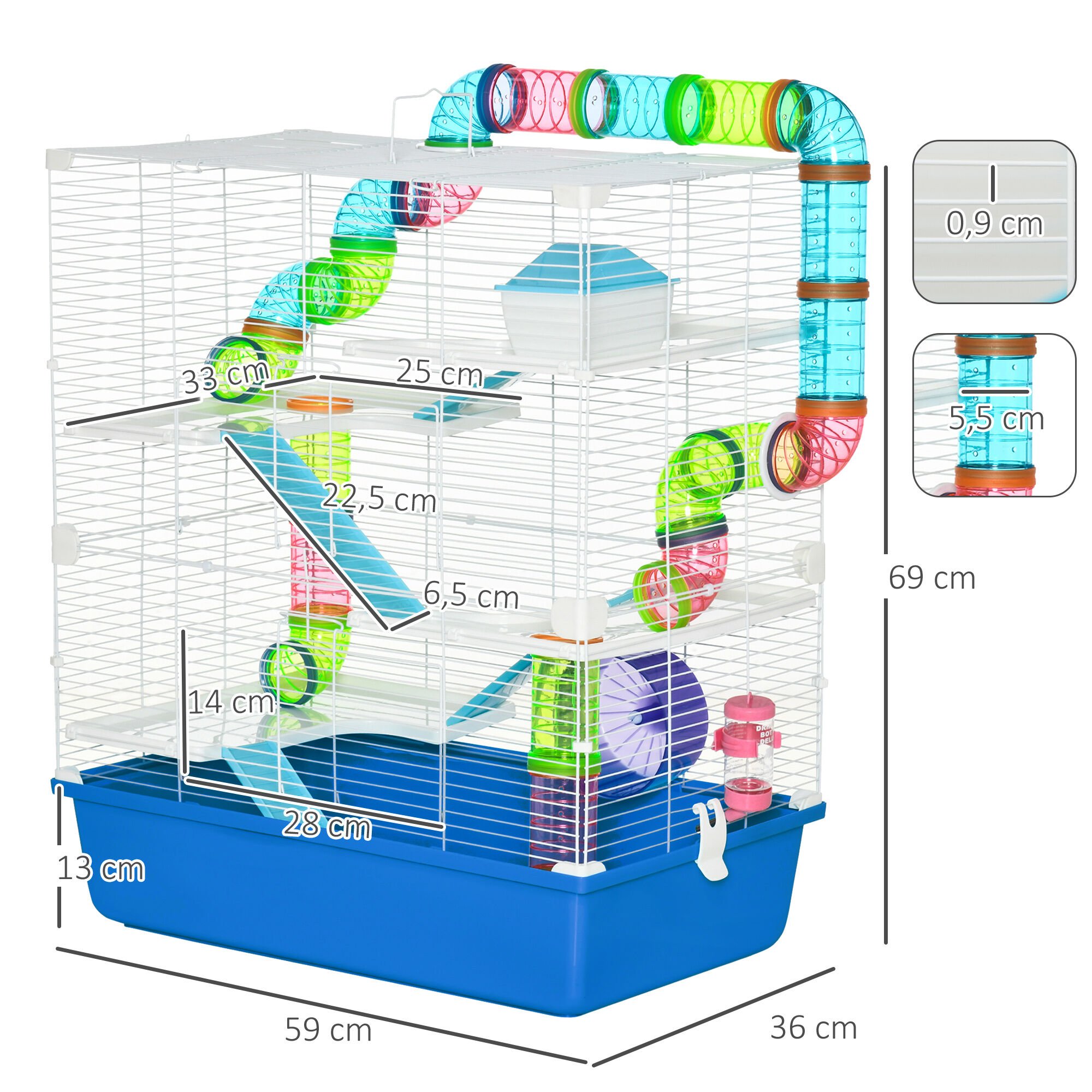 PawHut Jaula para Hámster 59x36x69 cm Casa para Animales Pequeños con Túnel Plataformas Cuenco Bebedero Casita Rampas y Rueda de Ejercicio Azul thumbnail