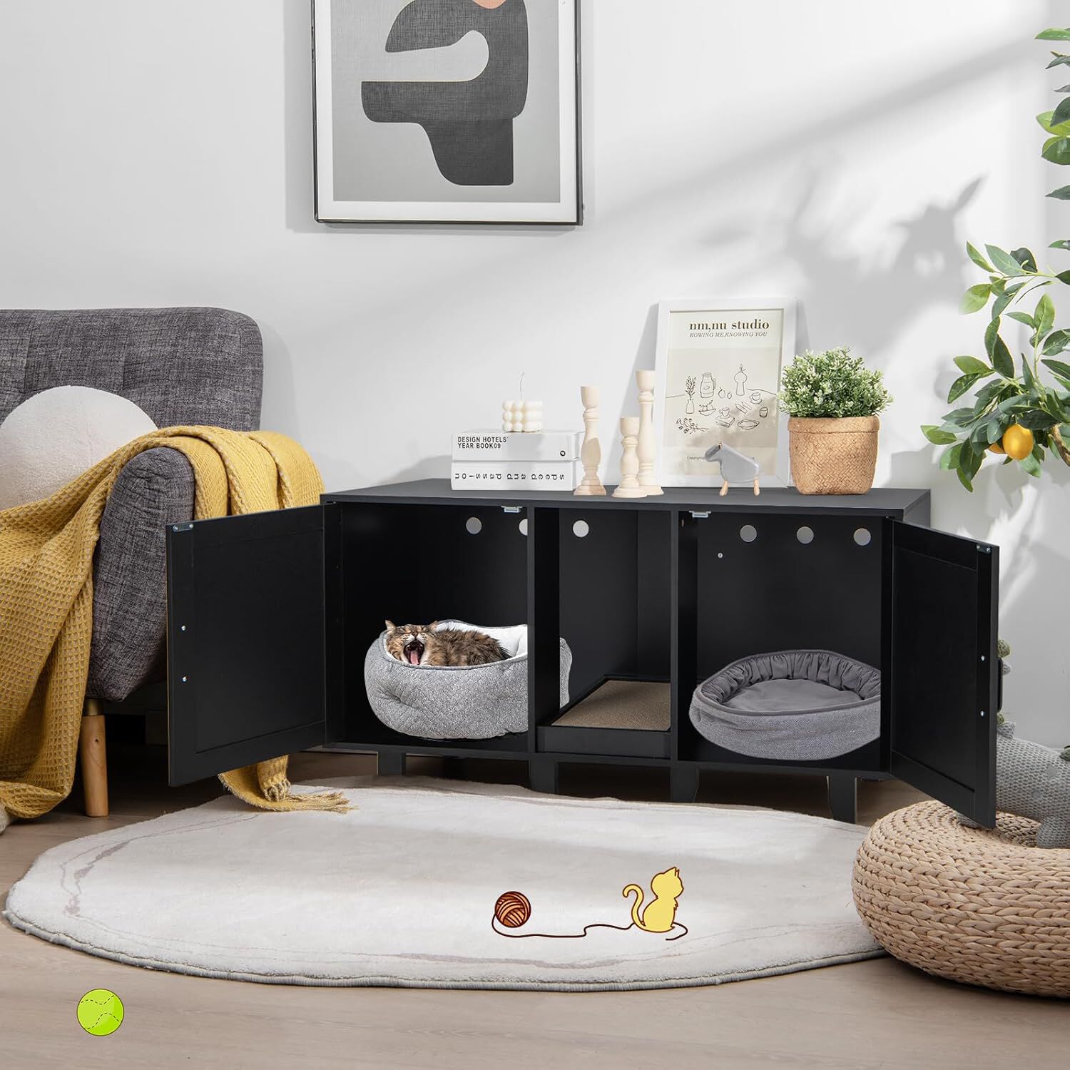 COSTWAY Cajas de Arena para Gatos, Casa de Ba&ntilde;o Oculto para Mascota con 2 Puertas, Arenero Cubierto con Entrada Sinuosa y Tablero Rascador, Mesa Auxiliar para Gatos 120 x 52 x 65 cm (Negro), , large Imagen numero 2