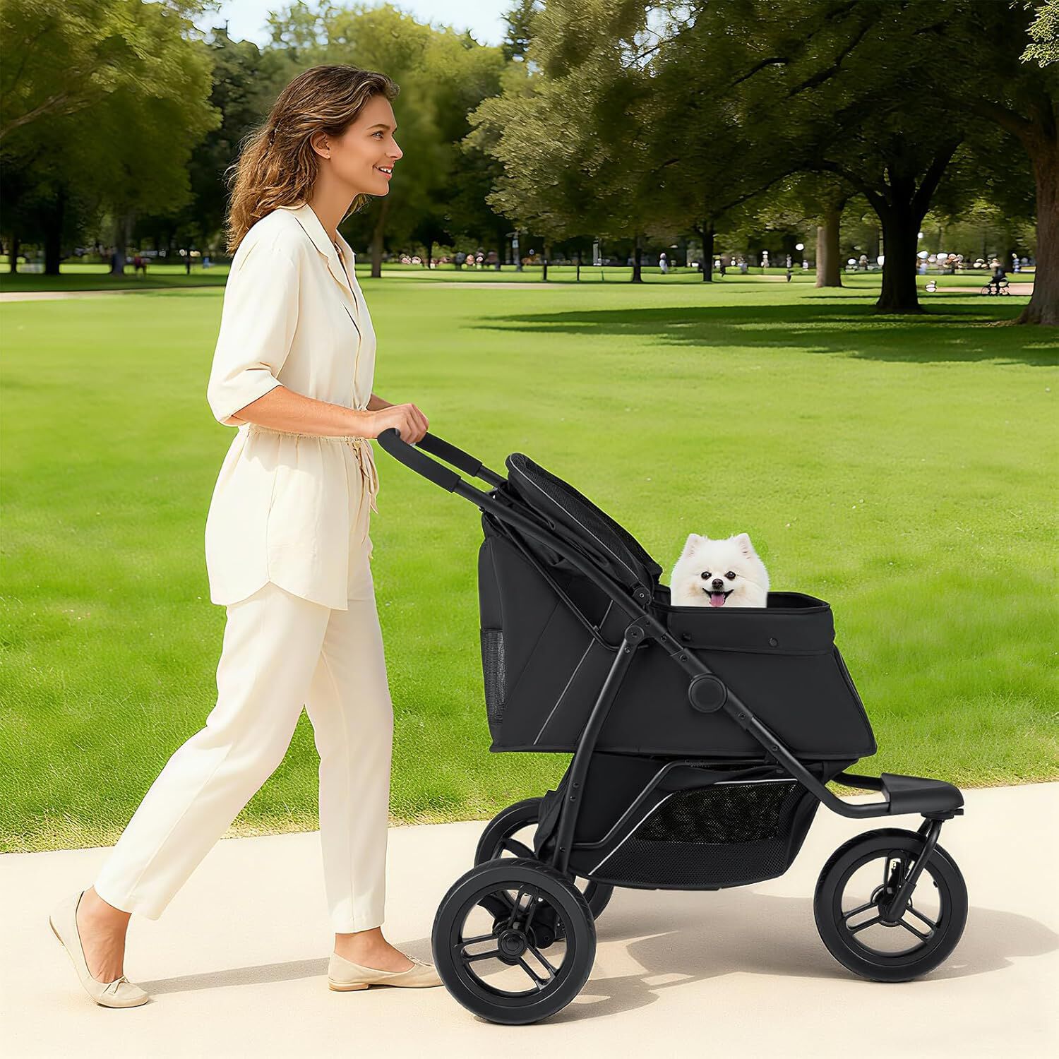 COSTWAY Cochecito Plegable para Perros, Carrito para Perros Peque&ntilde;os con Ruedas Todoterreno, Freno, Capota Ajustable, Cesta, Coj&iacute;n, Correa de Seguridad, Bolsa de Transporte Mascota, Hasta 25kg (Negro), , large Imagen numero 2