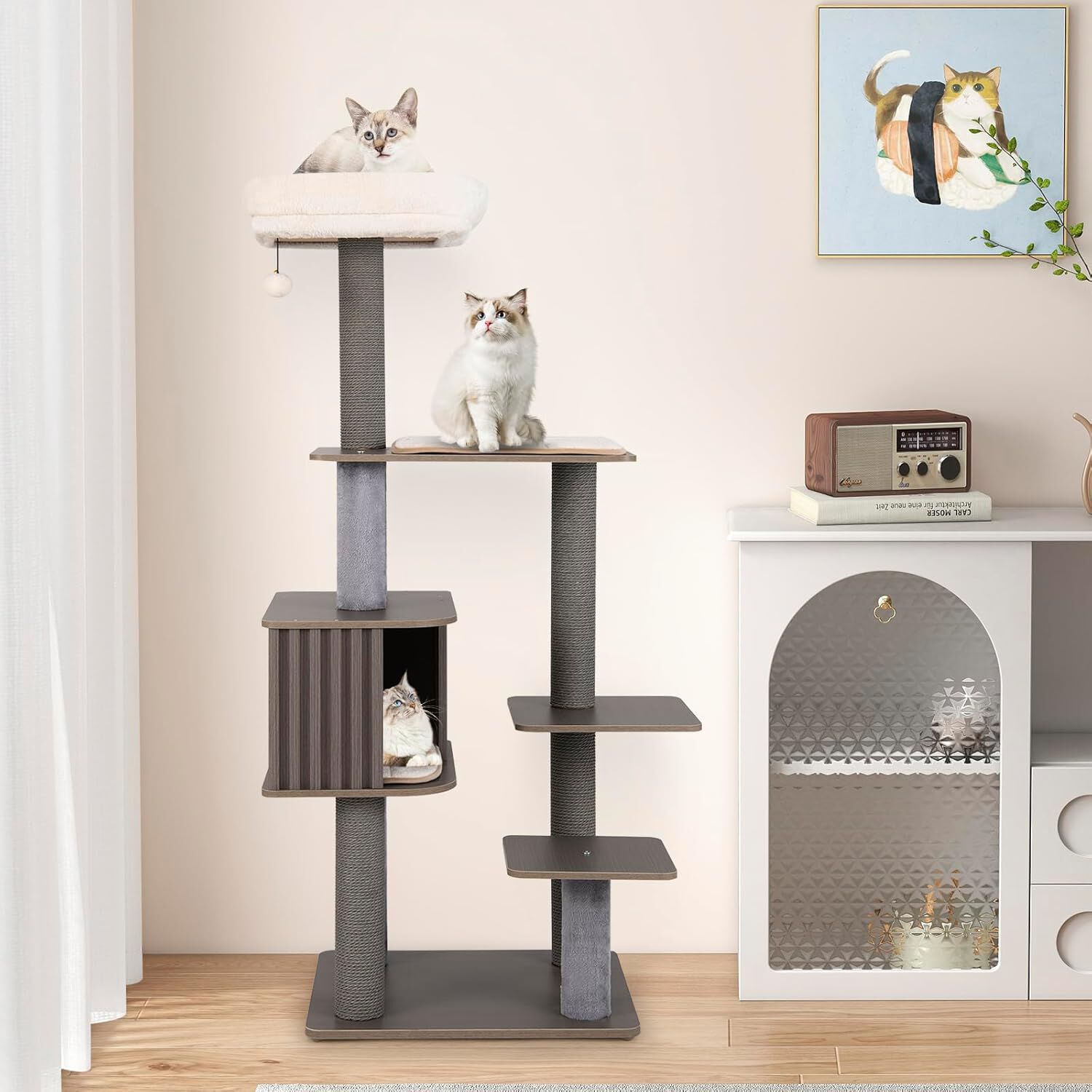 COSTWAY &Aacute;rbol Multinivel para Gatos de 6 Niveles, Torre con Condominio de Cerca, Percha Superior Acolchada Desmontable, Postes Rascadores, Pomp&oacute;n Colgante con Campana (81 x 60 x 143 cm), , large Imagen numero 5