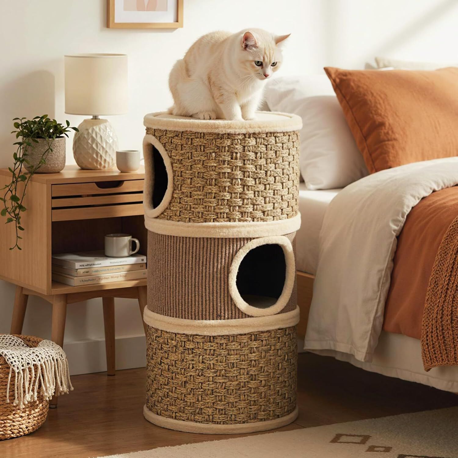 COSTWAY Barril Rascador para Gatos de 3 Pisos, 70 cm Torre para Gatos con Poste Rascado de Sisal con Cama Acolchada, &Aacute;rbol Rascador para Gato en Forma de Barril, Casa para Gatitos de Interior, , large Imagen numero 2