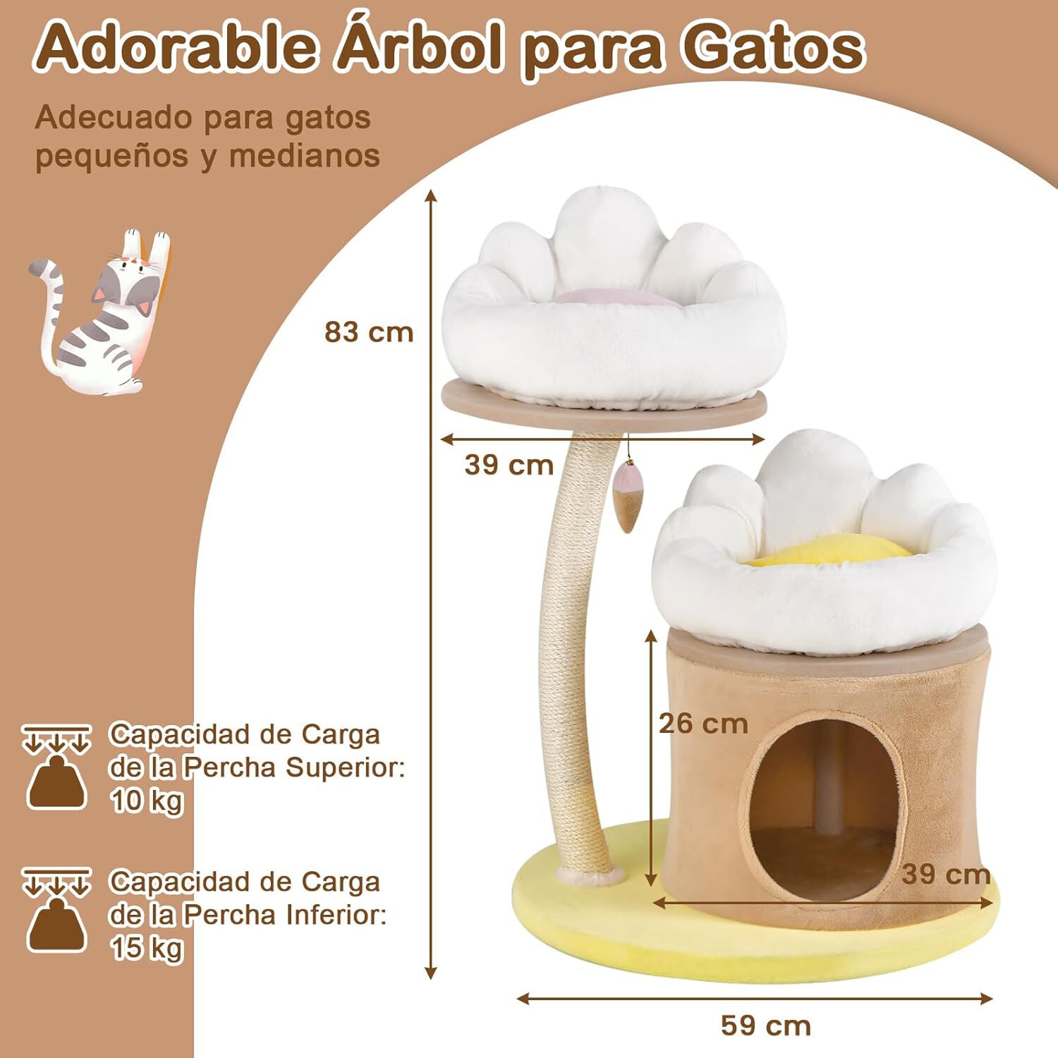 COSTWAY &Aacute;rbol para Gatos de 83 cm, &Aacute;rbol Rascador para Gatos con Condominio, Poste Rascador de Sisal, Juguete Interactivo para Burlas, 2 Nidos Superiores Extra&iacute;bles y Lavables, de Varios Niveles, , large Imagen numero 3