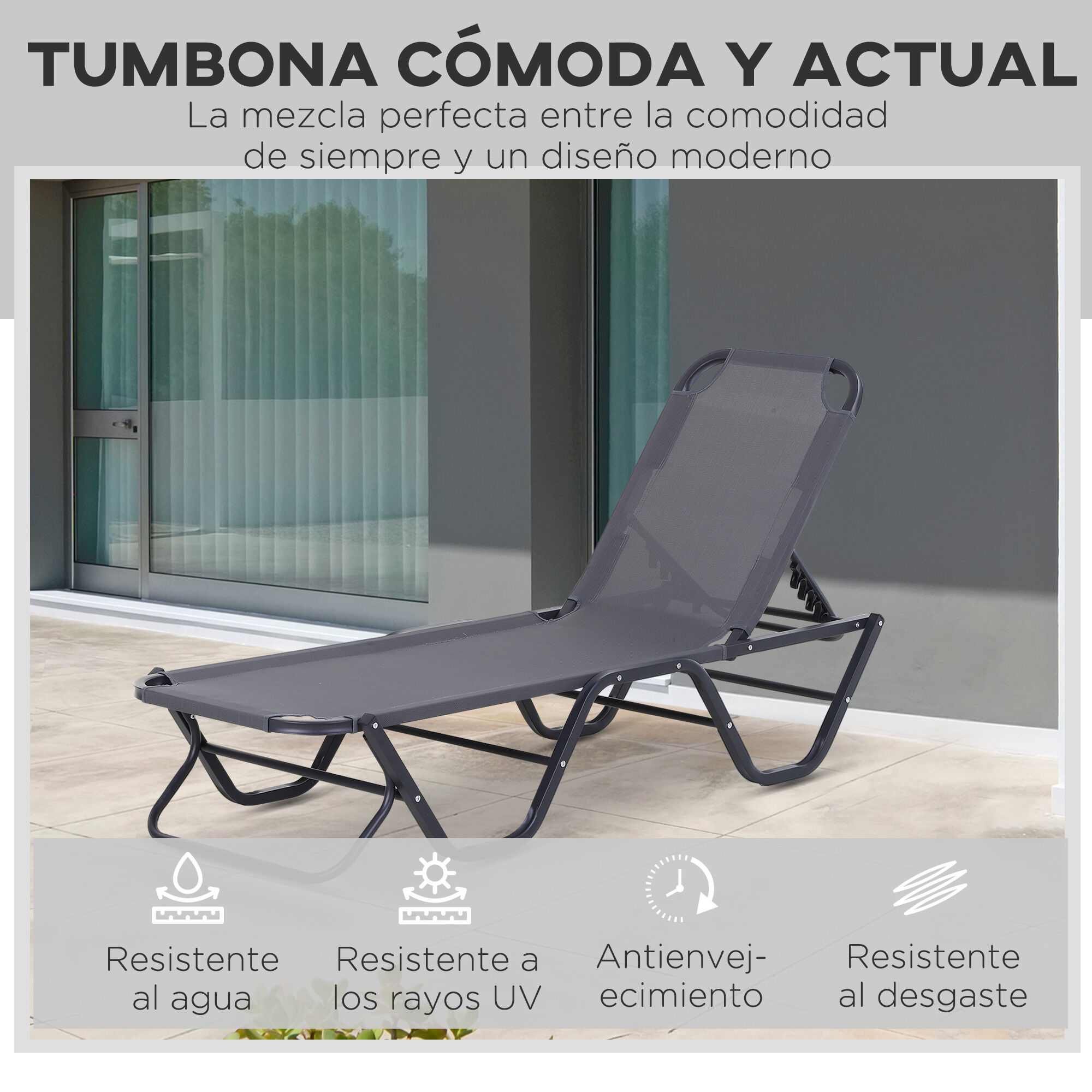 Outsunny Conjunto de 2 Tumbonas Reclinables de Aluminio Tumbonas de Jard&iacute;n con Respaldo Ajustable en 4 Posiciones Carga 120 kg para Terraza Piscina Playa 163x58,5x91 cm Gris, , large Imagen numero 4