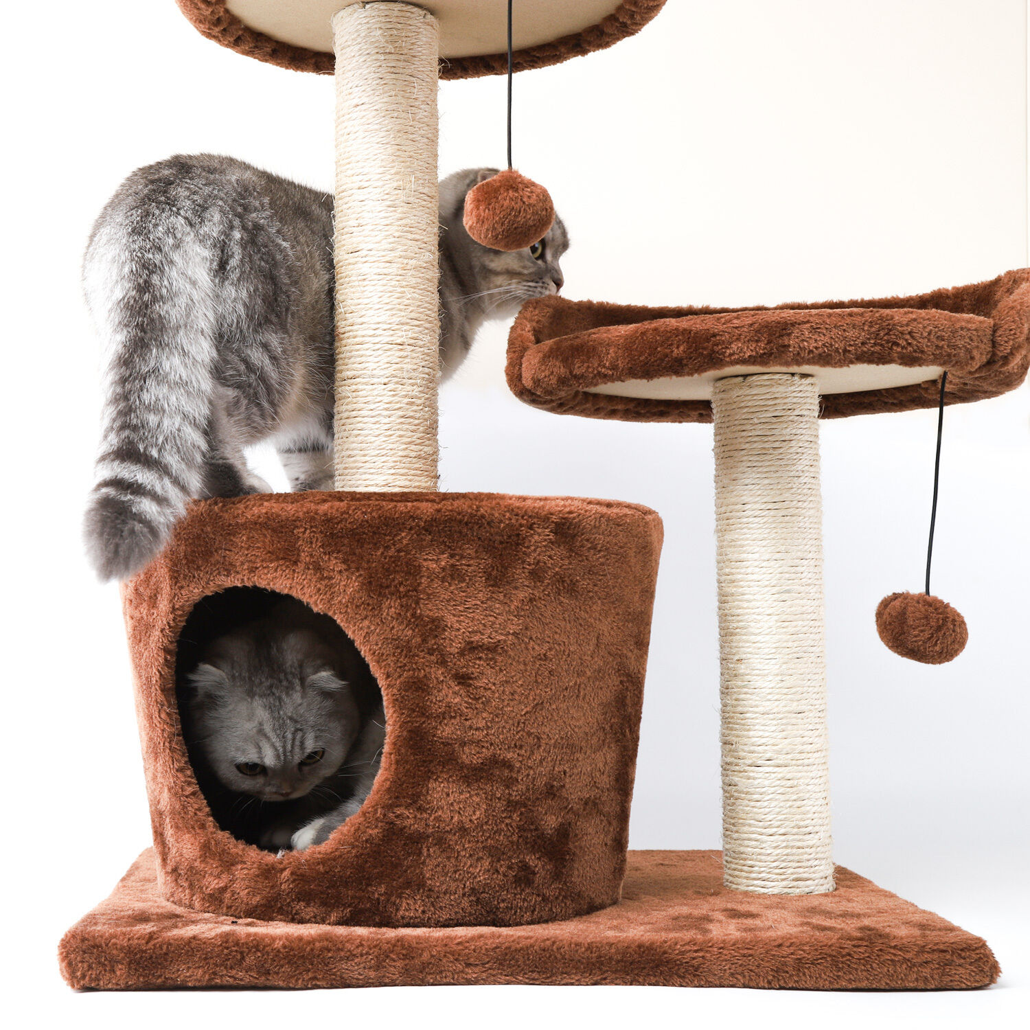 Nobleza - &Aacute;rbol rascador para gatos de dos plataformas con cueva y juguetes colgantes. Color marr&oacute;n, 60 cms., , large Imagen numero 2