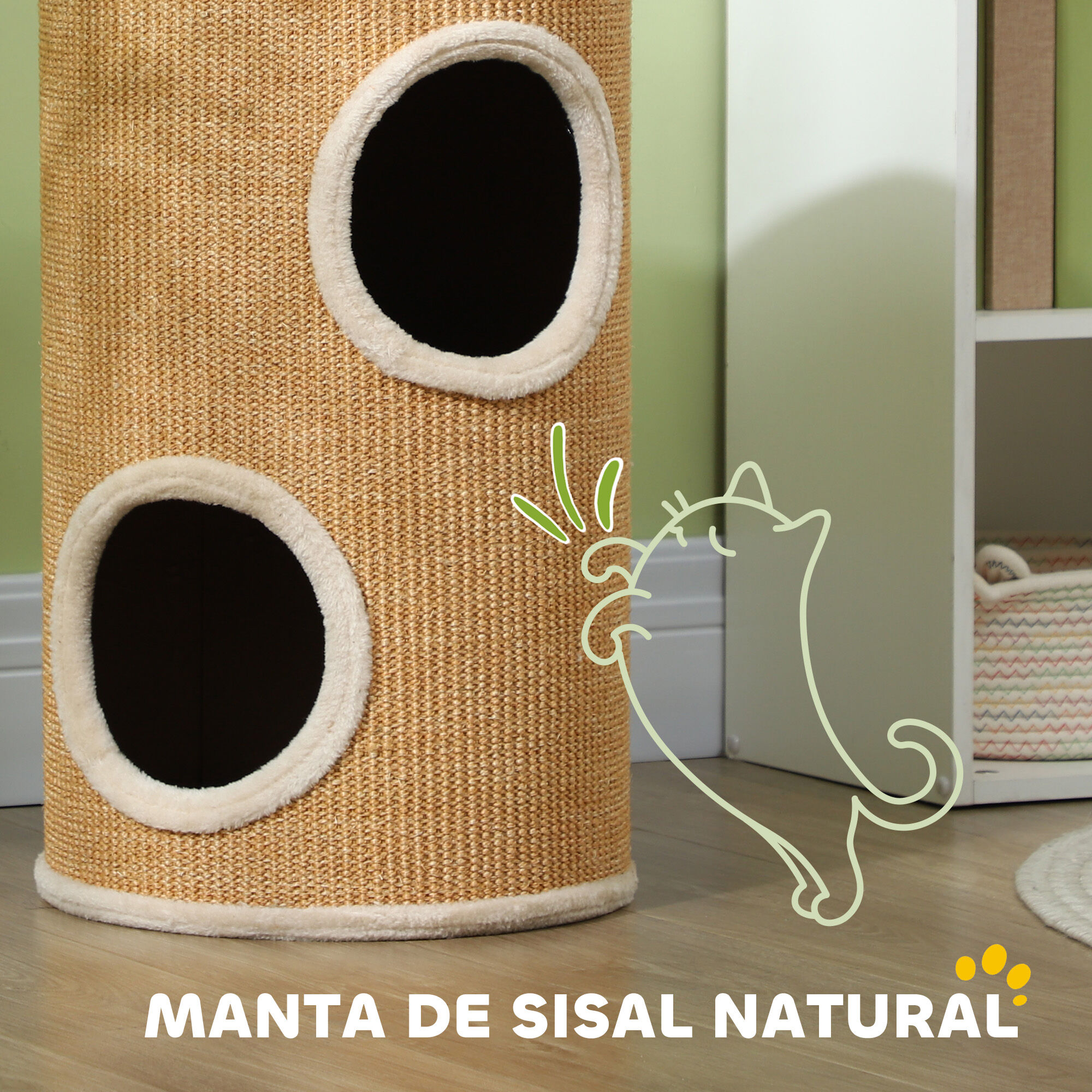 PawHut Barril Rascador para Gatos 60 cm de Altura, Tonel de Escalada con 2 Cuevas y Cubierta de Sisal, Torre Rascador para Gatos, &Oslash;35x60 cm, Marr&oacute;n y Beige, , large Imagen numero 5