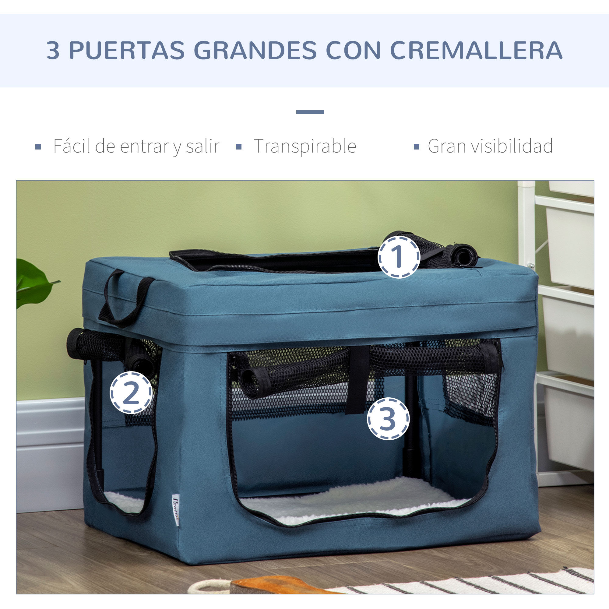 PawHut Transport&iacute;n Mochila para Perros y Gatos Bolsa Port&aacute;til y Plegable para Mascotas Transportador para Perros con 3 Puertas y Coj&iacute;n Suave 69x51x51 cm Azul, , large Imagen numero 14