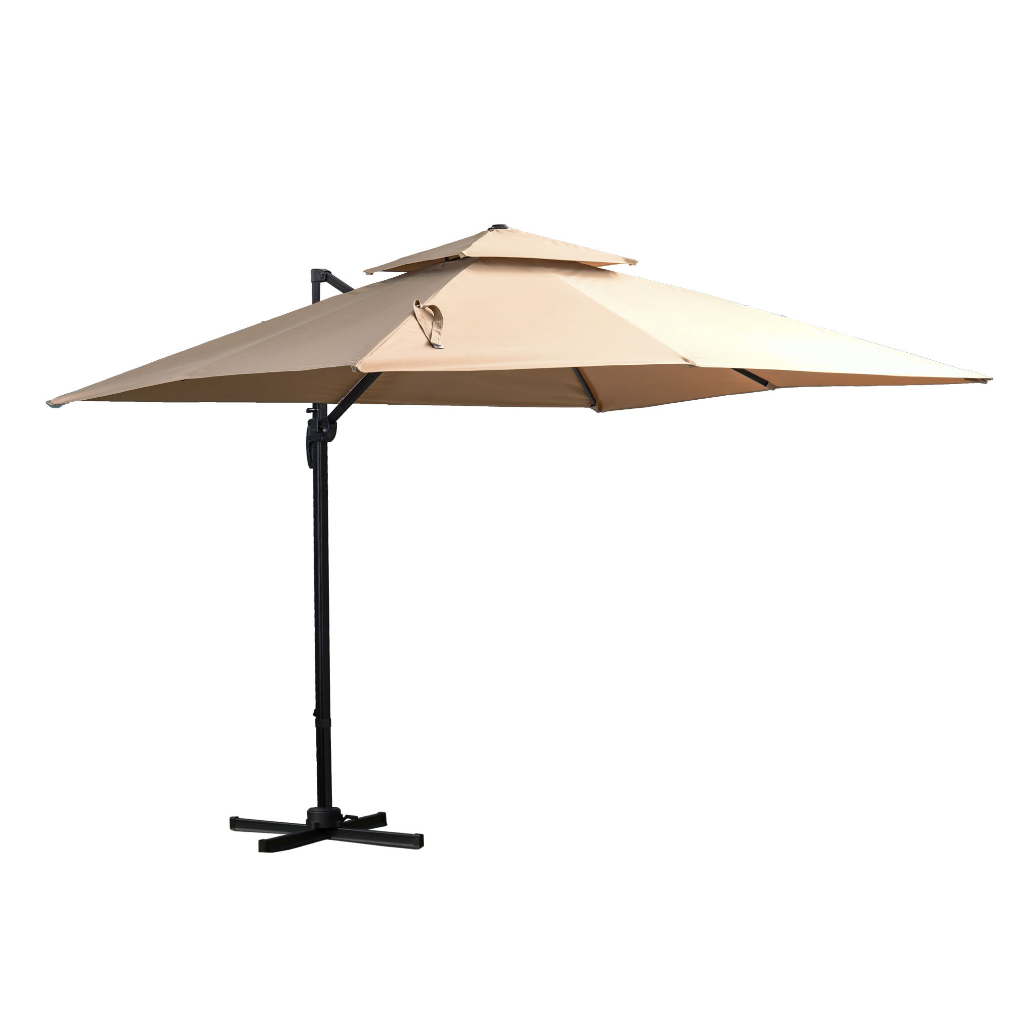 Outsunny Sombrilla de Jard&iacute;n 300x300 cm Parasol de Aluminio con Manivela Poste Giratorio 360&deg; Doble Techo Inclinable en 6 Posiciones y Base Cruzada Incluida Caqui, , large Imagen numero 1