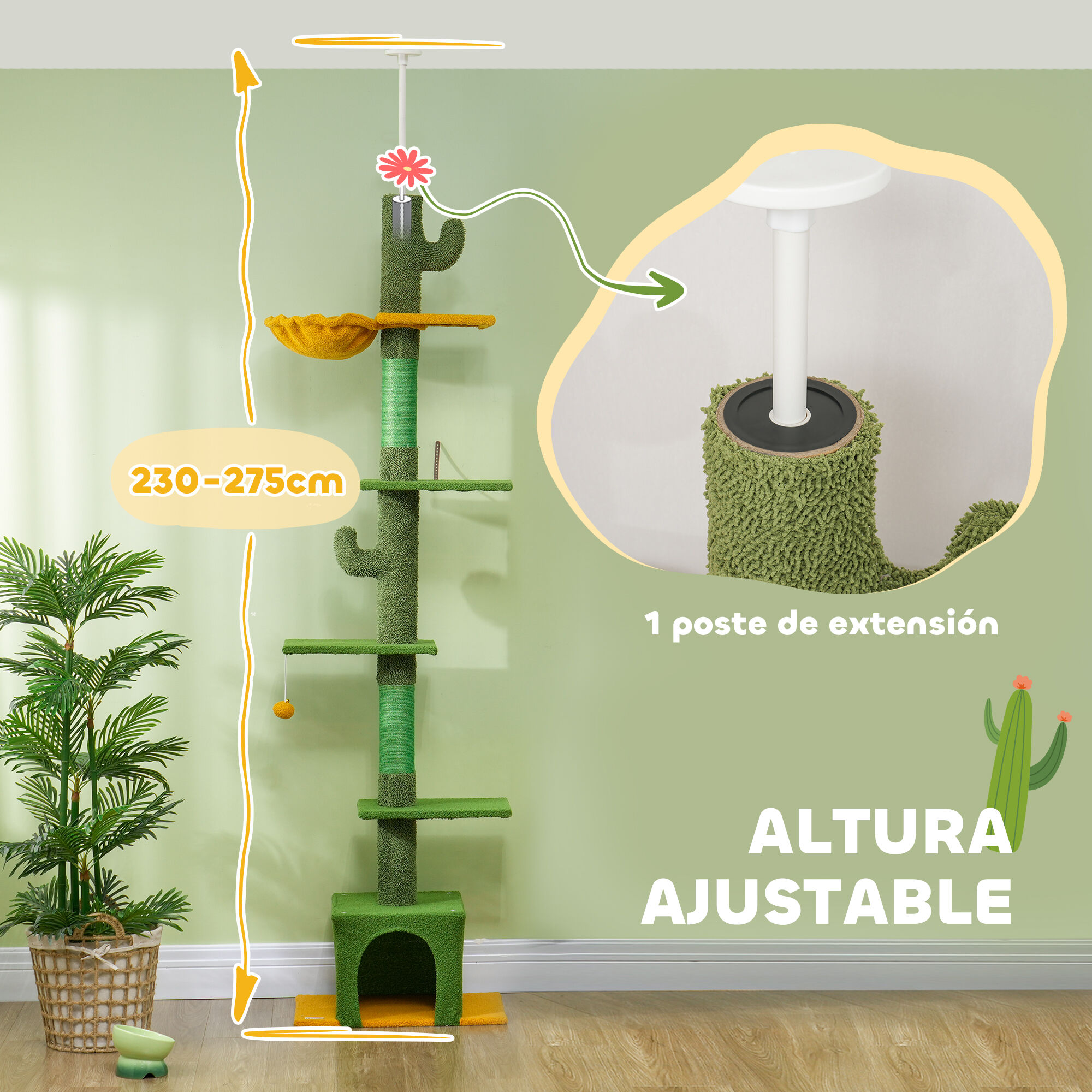 PawHut Árbol para Gatos de Suelo a Techo de 230-275 cm, Torre para Gatos con Altura Ajustable, Plataformas, Cueva, Hamaca, Postes de Sisal y Bola de Juguete, Verde thumbnail