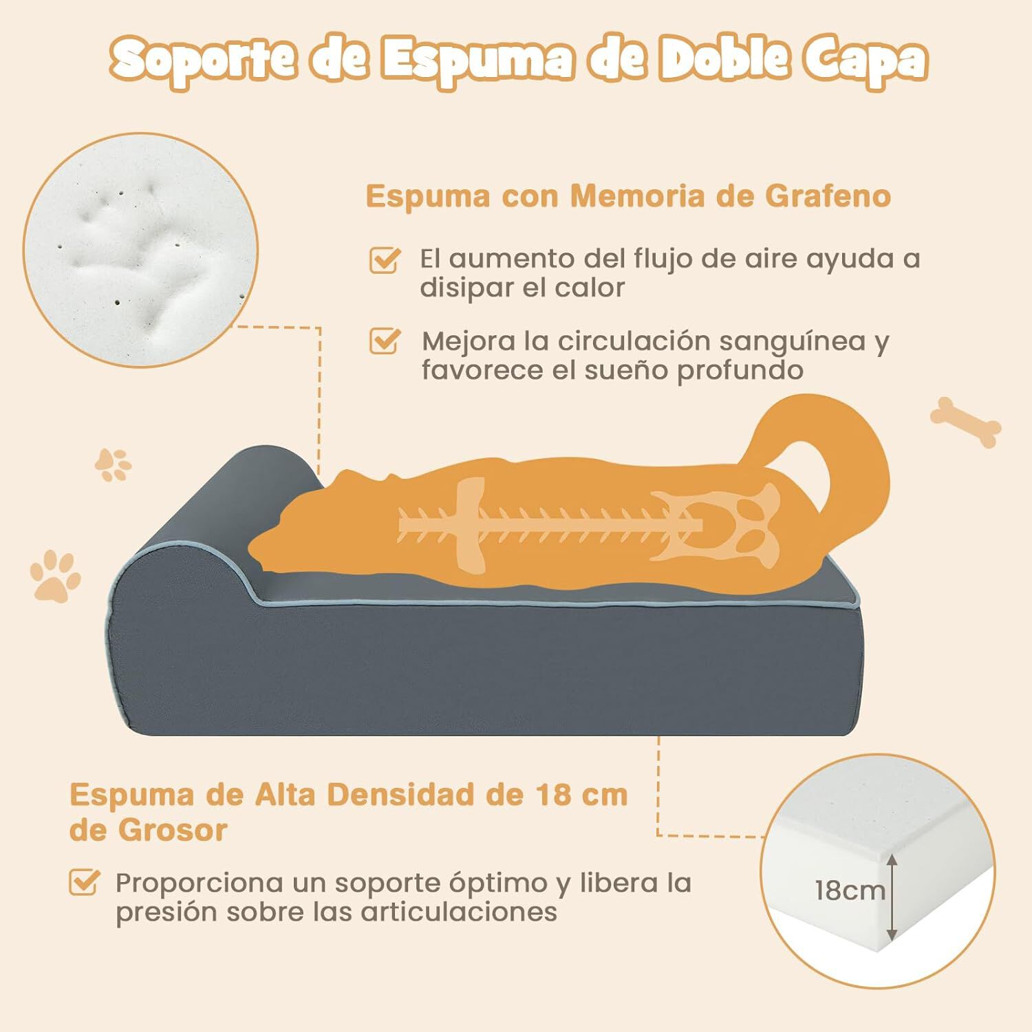 COSTWAY Cama Perro Grande, 100x81x31 cm, Cama Ortop&eacute;dica para Perros con Espuma de Memoria y Reposacabezas, Base Antideslizante, Desenfundable y Lavable, Colchoneta Perro Desmontable, Gris, , large Imagen numero 4