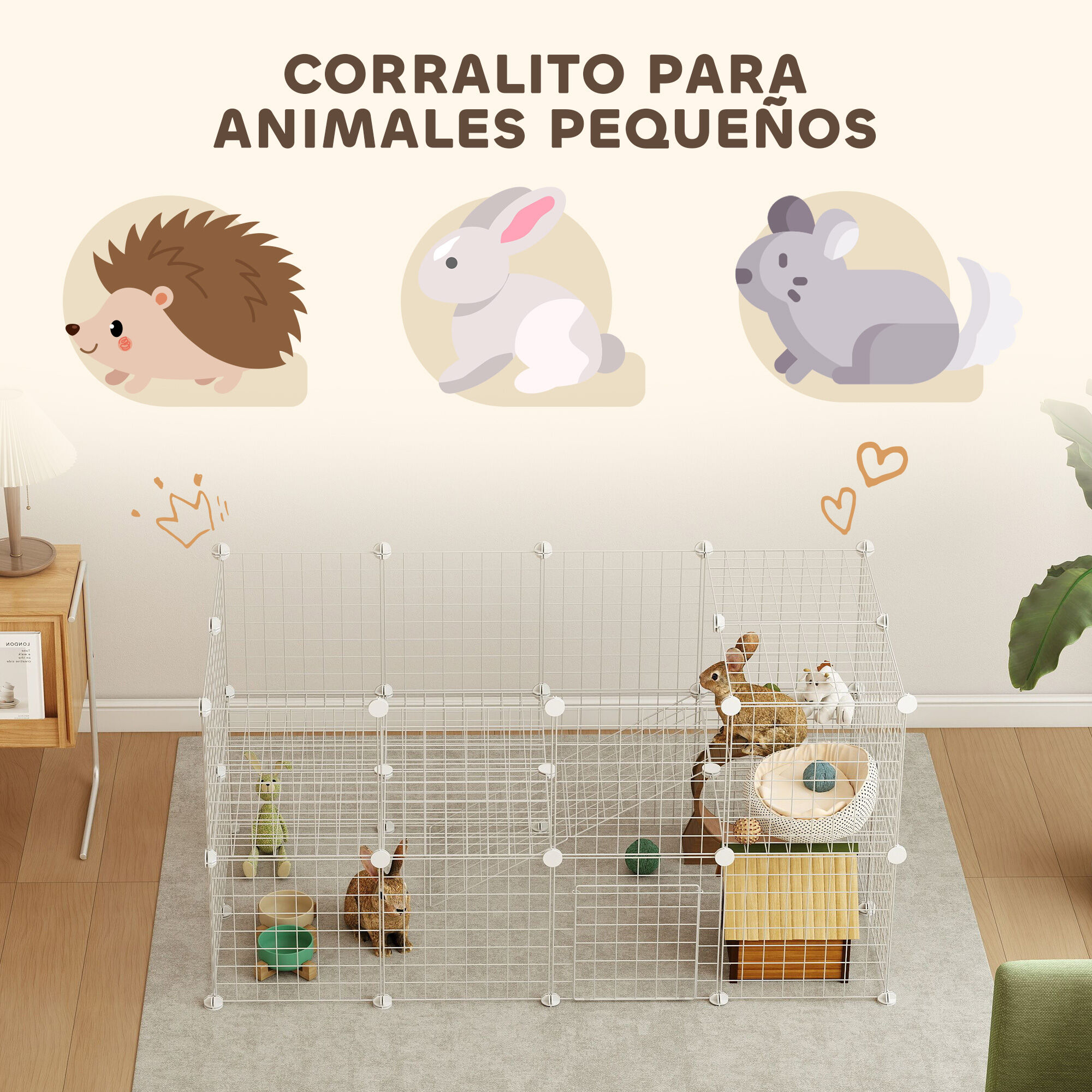 PawHut Valla Met&aacute;lica para Mascotas de 36 Paneles, Jaula para Animales Peque&ntilde;os, Forma Personalizable, Jaula para Conejos, Cobayas, Chinchillas, Gatitos, 146x73x73 cm, Blanco, , large Imagen numero 5