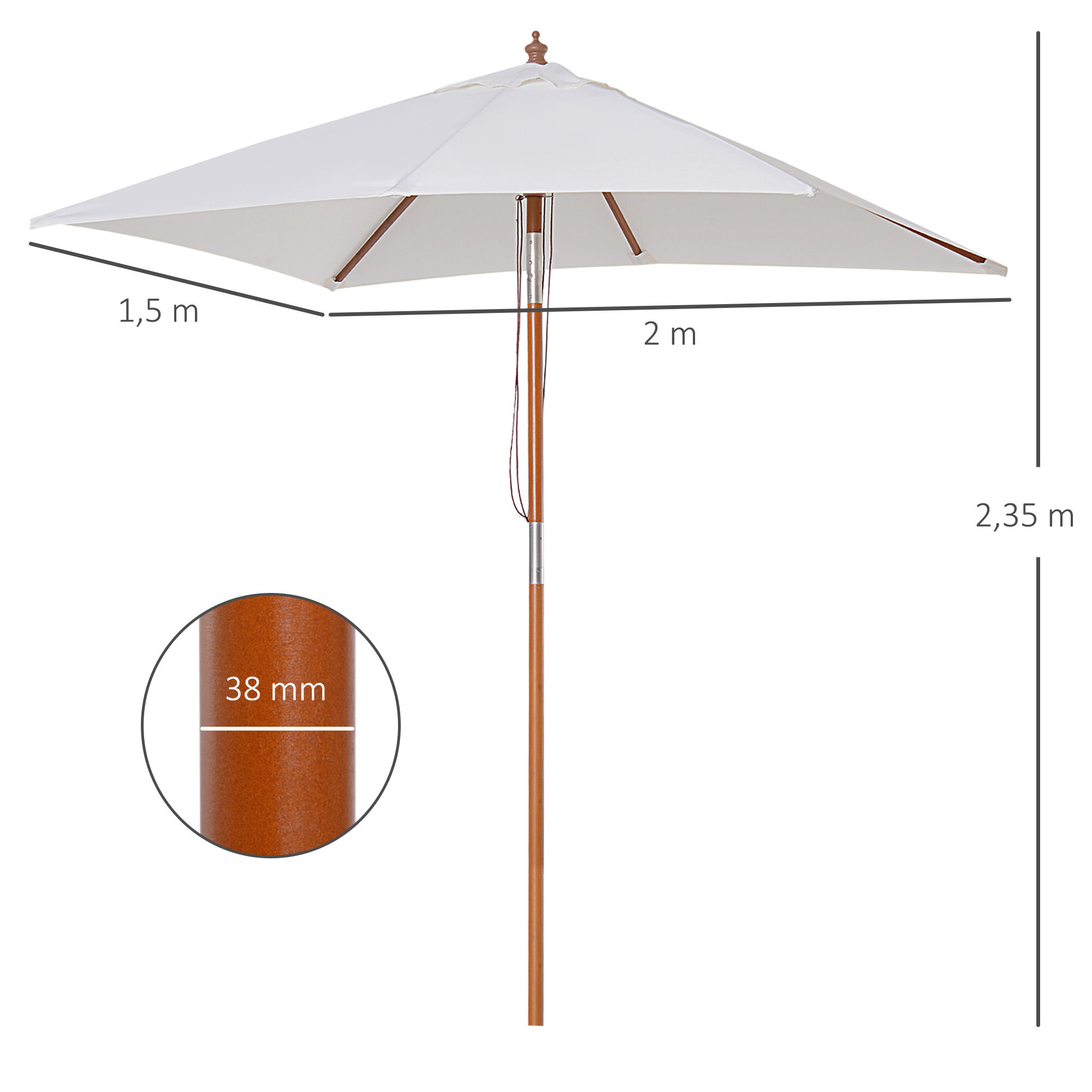 Outsunny Sombrilla de Jard&iacute;n 200x150x235 cm Parasol de Terraza Rectangular Inclinable con Anti-UV Impermeable y Poste de Madera para Playa Patio Crema, , large Imagen numero 3