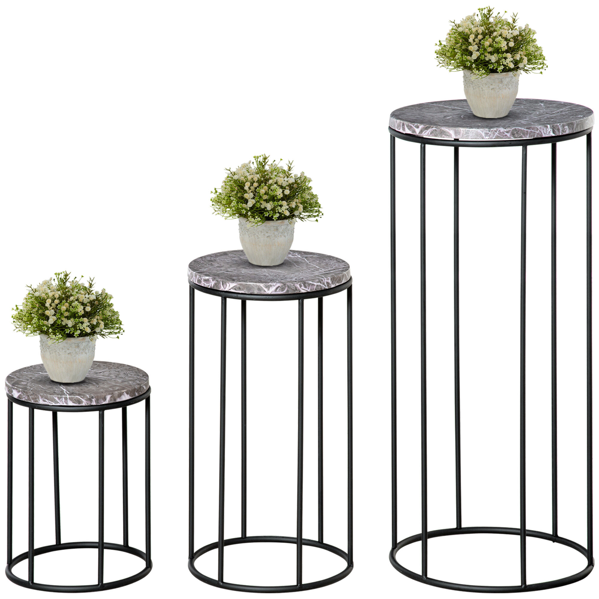 Outsunny Soportes para Plantas de Metal 3 Piezas Apilables Estantes Porta Macetas Decorativos con Efecto de M&aacute;rmol para Interiores y Exteriores &Oslash;30,5x70,5 cm Gris y Negro, , large Imagen numero 1