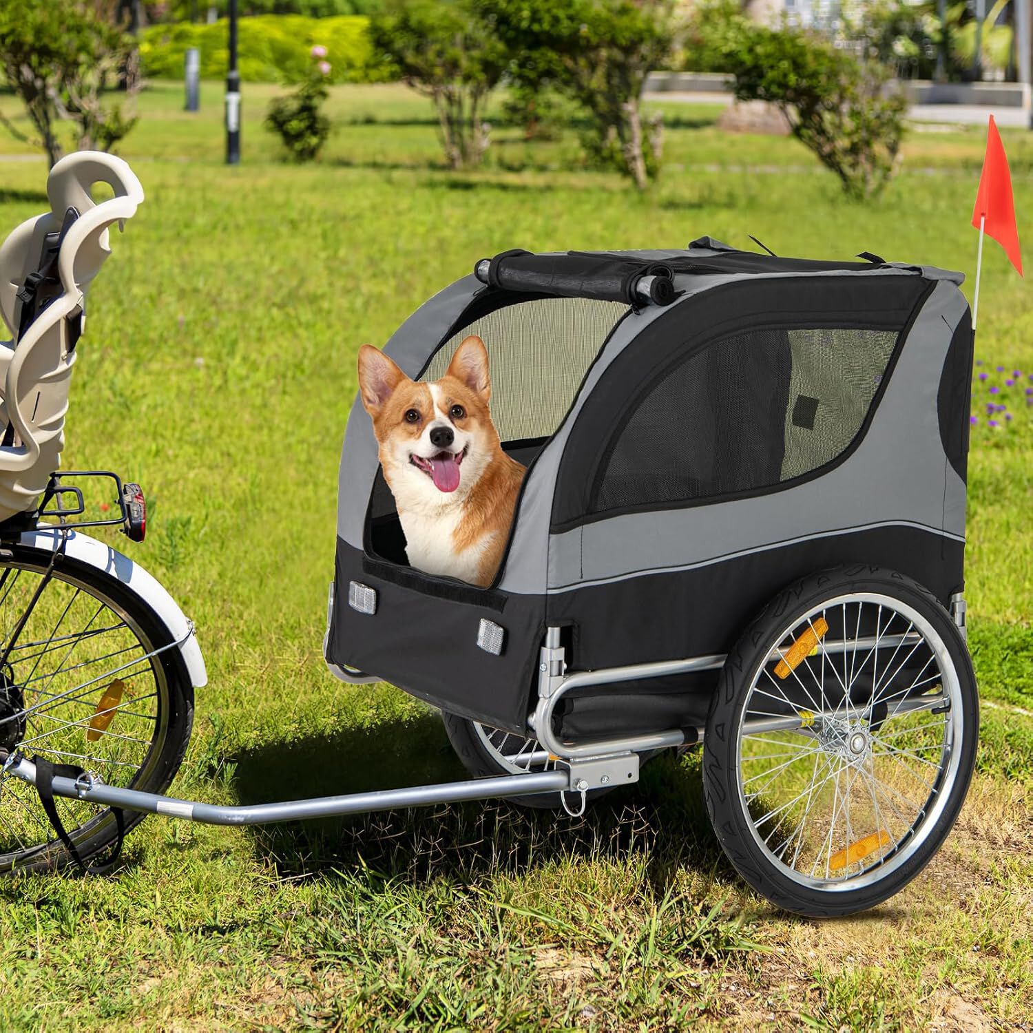 COSTWAY Remolque de Bicicleta para Mascotas, Remolque Bicicleta Perros Peque&ntilde;os y Medianos con Ruedas, Transportador de 2 Puertas con Techo Solar, Capacidad 40 kg, 60,5 x 135 x 95 cm, , large Imagen numero 2