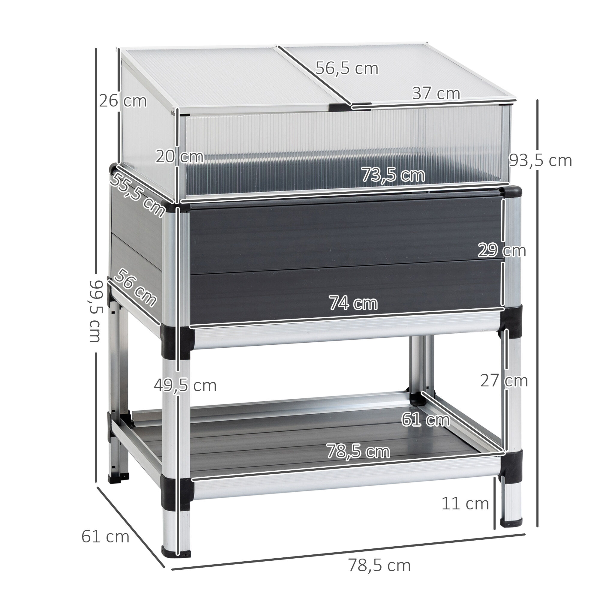 Outsunny Huerto Urbano Elevado de Aluminio 78,5x61x99,5 cm Macetero con Cubierta de Policarbonato Techos Abatibles y Estante Inferior para Cultivos Planta Flores Gris, , large Imagen numero 3