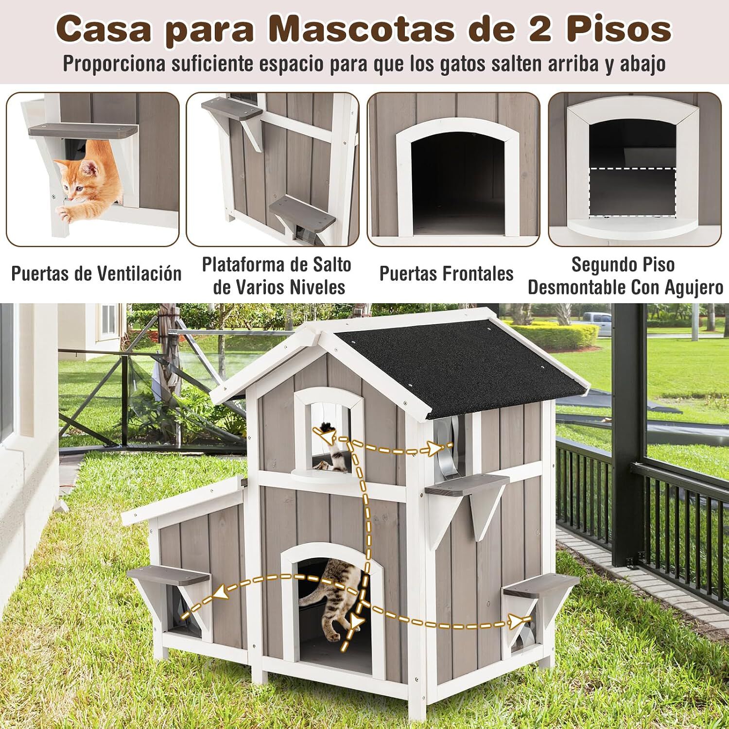 COSTWAY Casa para Gatos de Madera, Caseta para Gatos de 2 Pisos para Exteriores con Puertas de Escape, Techo Asf&aacute;ltico Impermeable, Refugio para Gatitos de Interior y Exterior para Balc&oacute;n y Patio, , large Imagen numero 3
