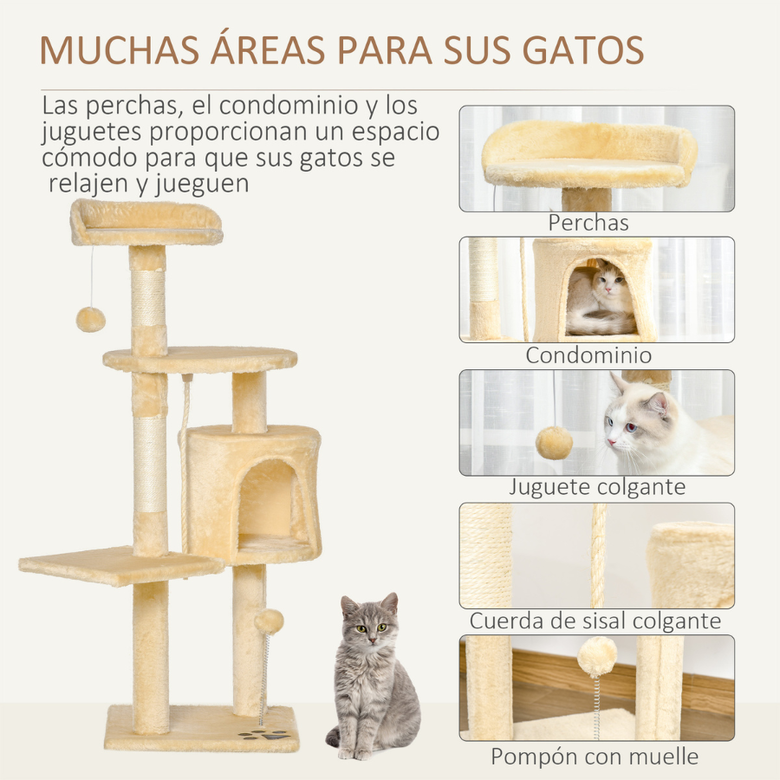 Pawhut árbol rascador con plataforma casetas y bolas de juego beige para gatos thumbnail