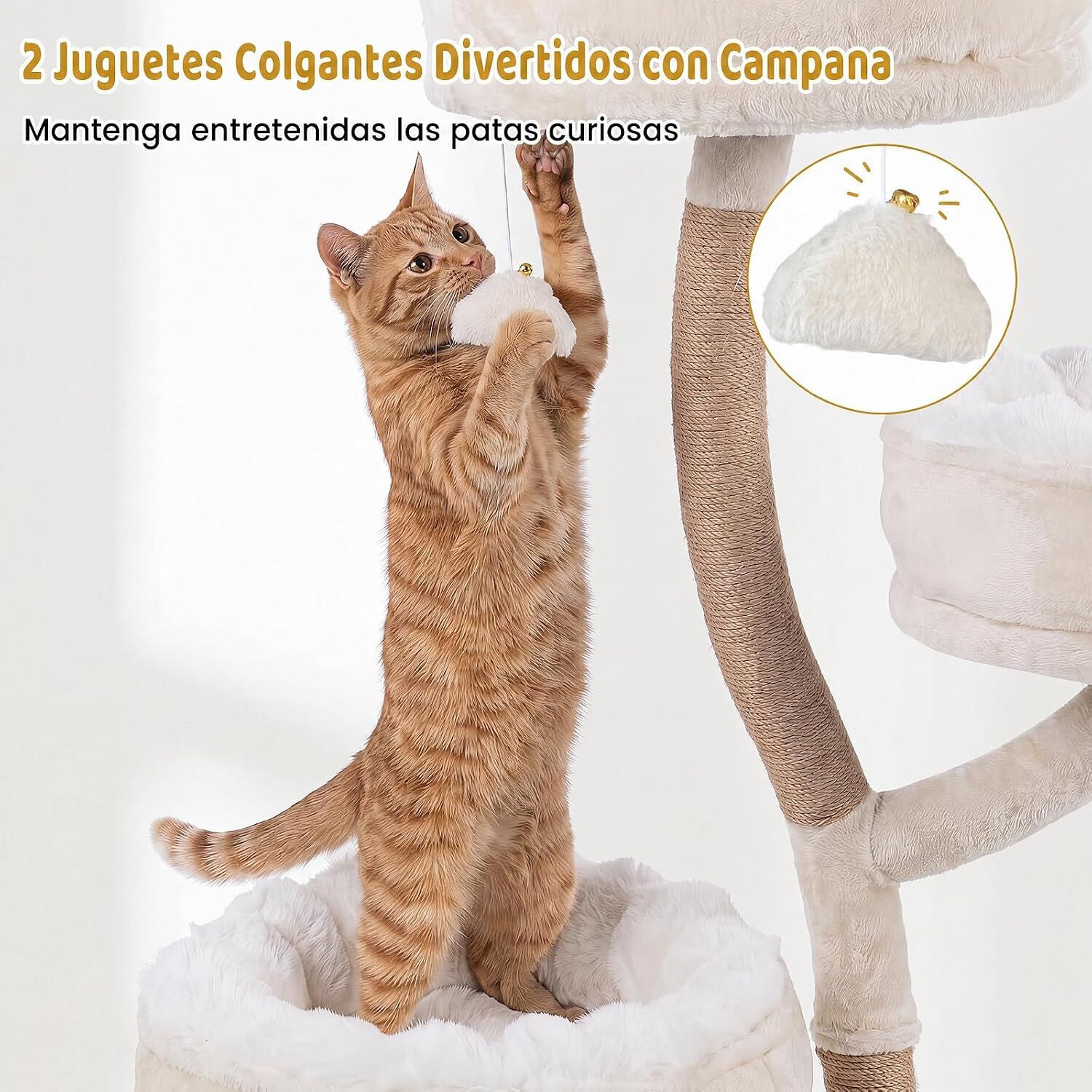COSTWAY 132 cm &Aacute;rbol Rascador para Gatos,Centro de Actividades para Gatitos | Torre para Gatos con 4 Plataformas Extra&iacute;bles, 2 Juguetes Colgantes con Cascabel y Postes Rascadores de Yute, Blanco, , large Imagen numero 4