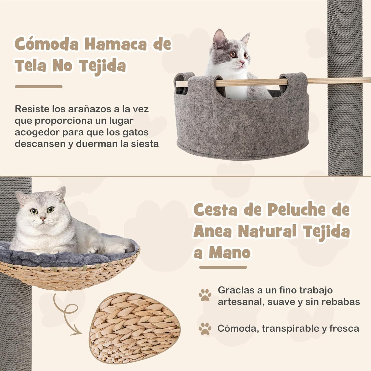 COSTWAY Torre para Gatos Altura de 236-271 cm, &Aacute;rbol Rascador para Gatos para Fijar al Techo de 5 Niveles, Ajustable en Altura con Hamaca,Cesta de Peluche, Cama Blanda y Poste Rascador para Gatos, , large Imagen numero 3