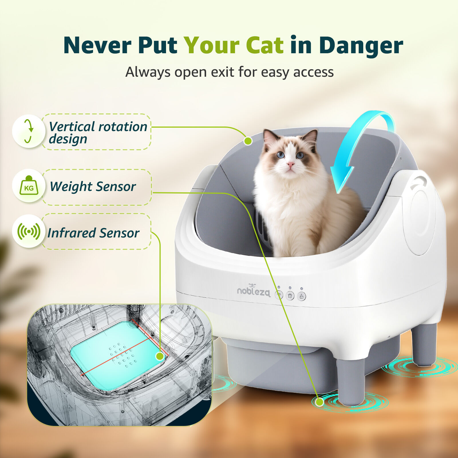 Nobleza - Arenero Autom&aacute;tico para Gatos con Control por App - Caja de Arena Autolimpiable, Dise&ntilde;o Abierto de Gran Capacidad, Incluye Bolsas y Ambientador, Color Blanco, Litterbot Lite SL03, , large Imagen numero 4