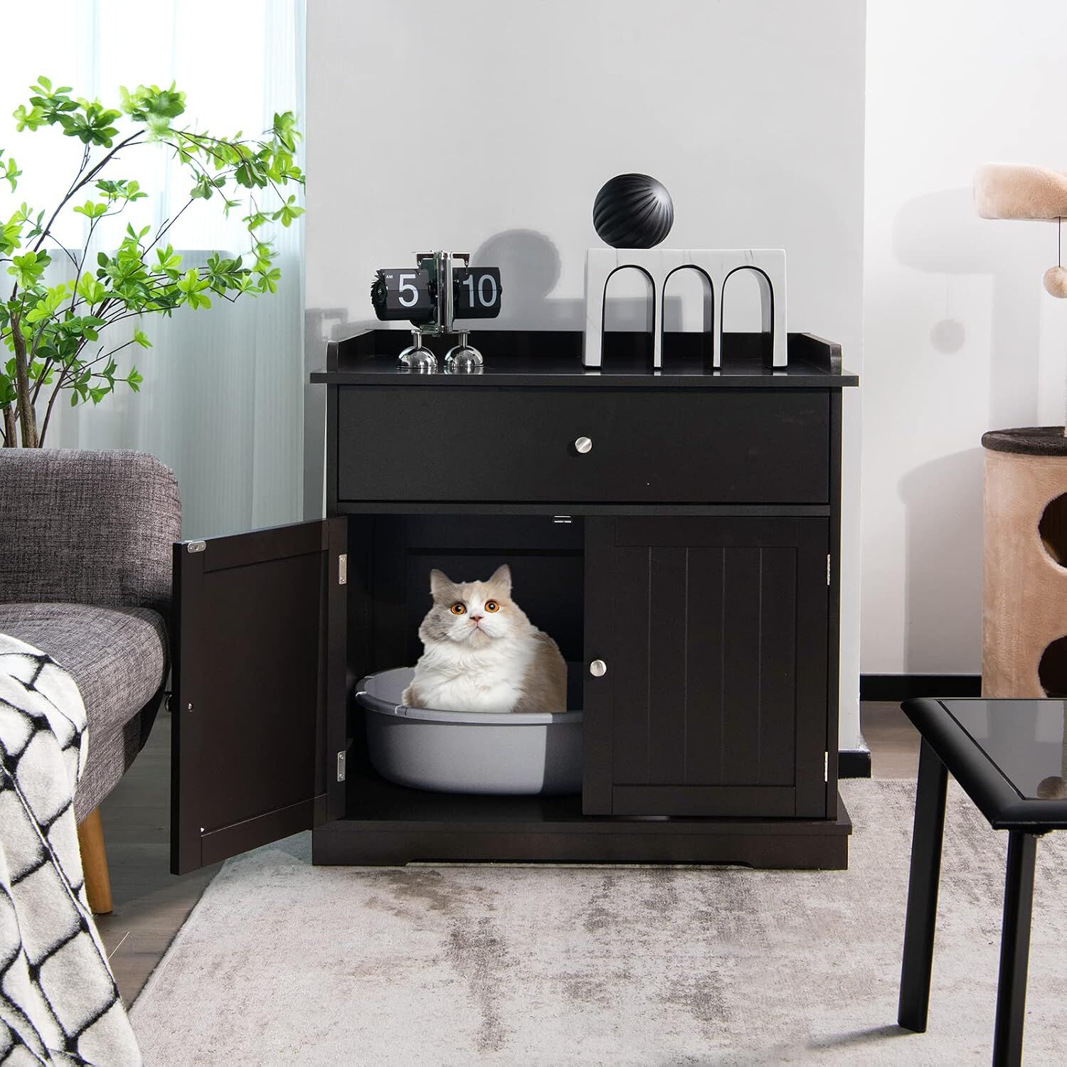 COSTWAY Mueble para Gatos, Caj&oacute;n y 2 Puertas, Casa para Gatos 76 x 53 x 74 cm (Caf&eacute;), , large Imagen numero 2