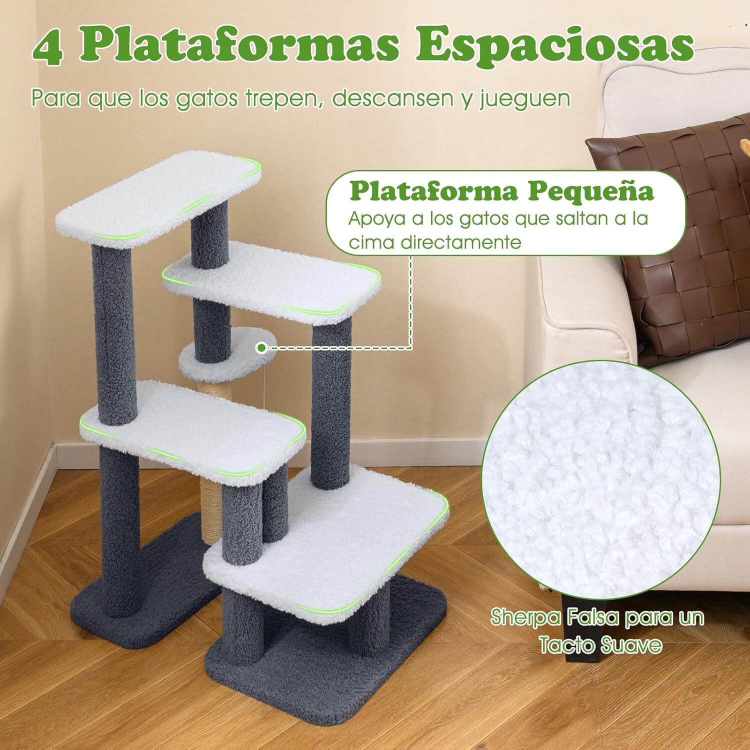 COSTWAY Escaleras para Gatos, Rscalera para Mascotas de 4 Pelda&ntilde;os, 62 x 41 x 77 cm, Escalera para Gatos de hasta 15 kg Escalera para Perros para Camas Altas, Sof&aacute;s, &Aacute;rbol Rascador para Gatos Peque&ntilde;os, , large Imagen numero 4