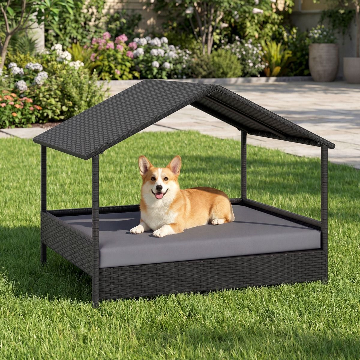 COSTWAY Caseta para Perros Exterior e Interior, Casa Perro de Rat&aacute;n Grande con Dosel, Base Elevada, Coj&iacute;n Removible, Estructura Met&aacute;lica, Cama Elevada para Mascotas, Carga 60 kg, 98x69x74cm, Gris, , large Imagen numero 2