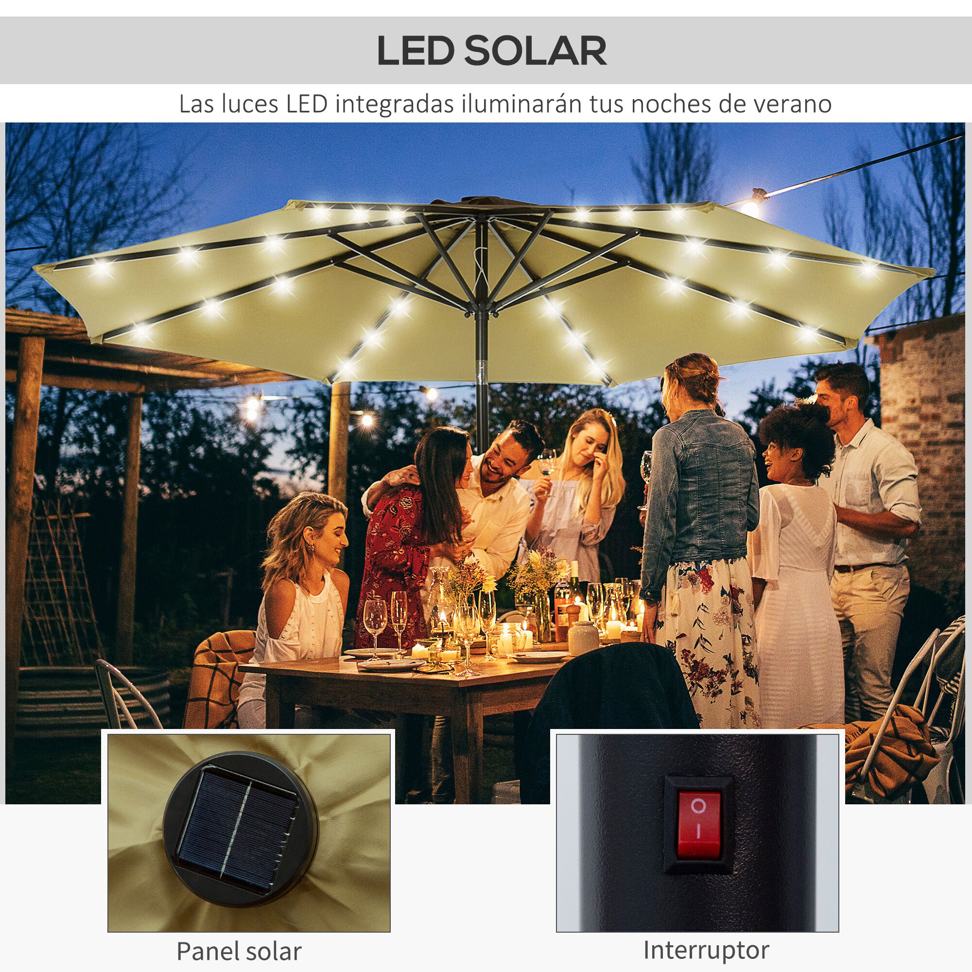 Outsunny Sombrilla De Jardín marrón Parasol De Terraza Con Luces Led Solar Para Piscina thumbnail