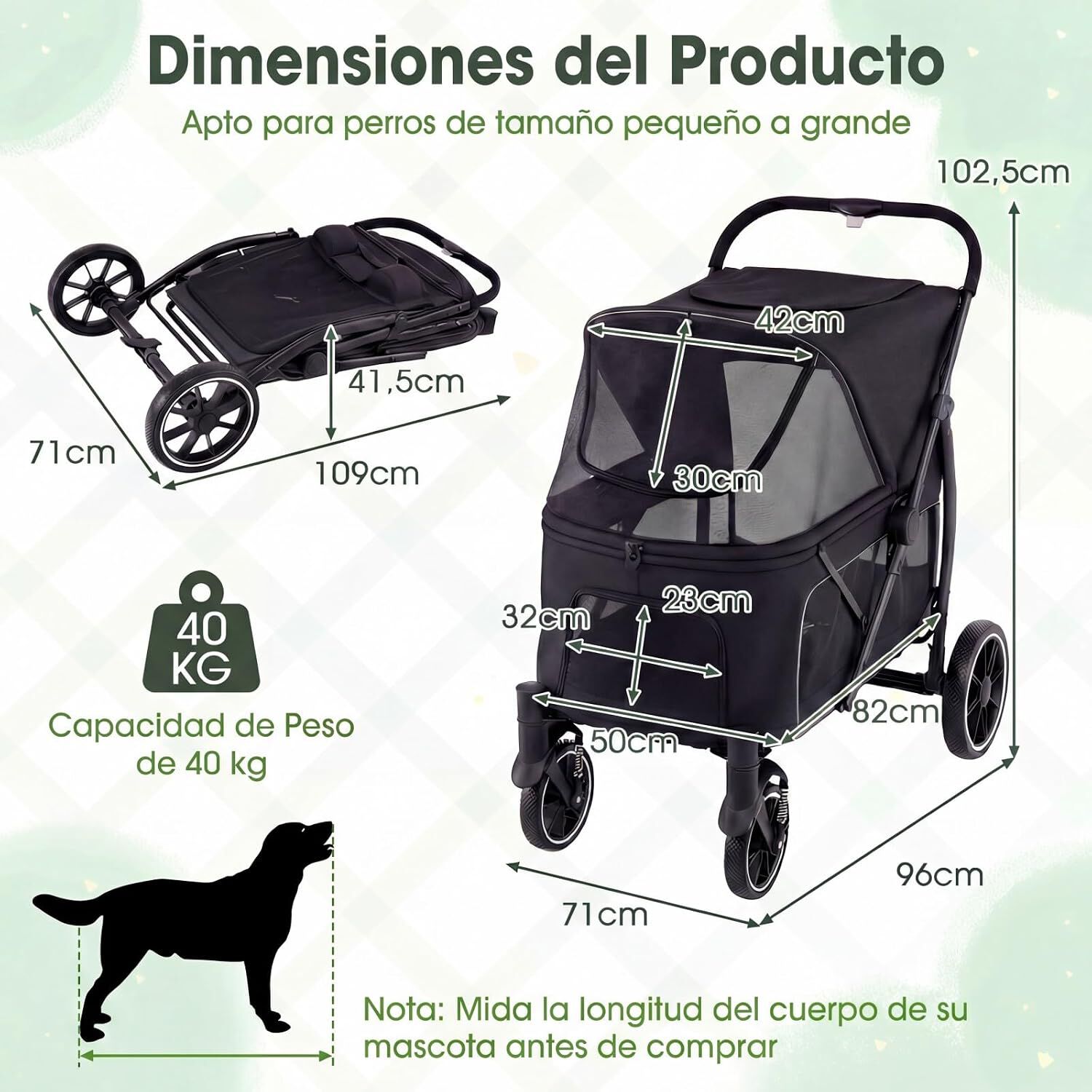 COSTWAY Carrito para Perros Plegable Grande, Cochecito para Mascotas con Ruedas, Toldo Ajustable de Malla, Bolsillos de Almacenamiento y Cintur&oacute;n de Seguridad, Carga 40 kg, 96 x 71 x 102,5 cm, Negro, , large Imagen numero 5