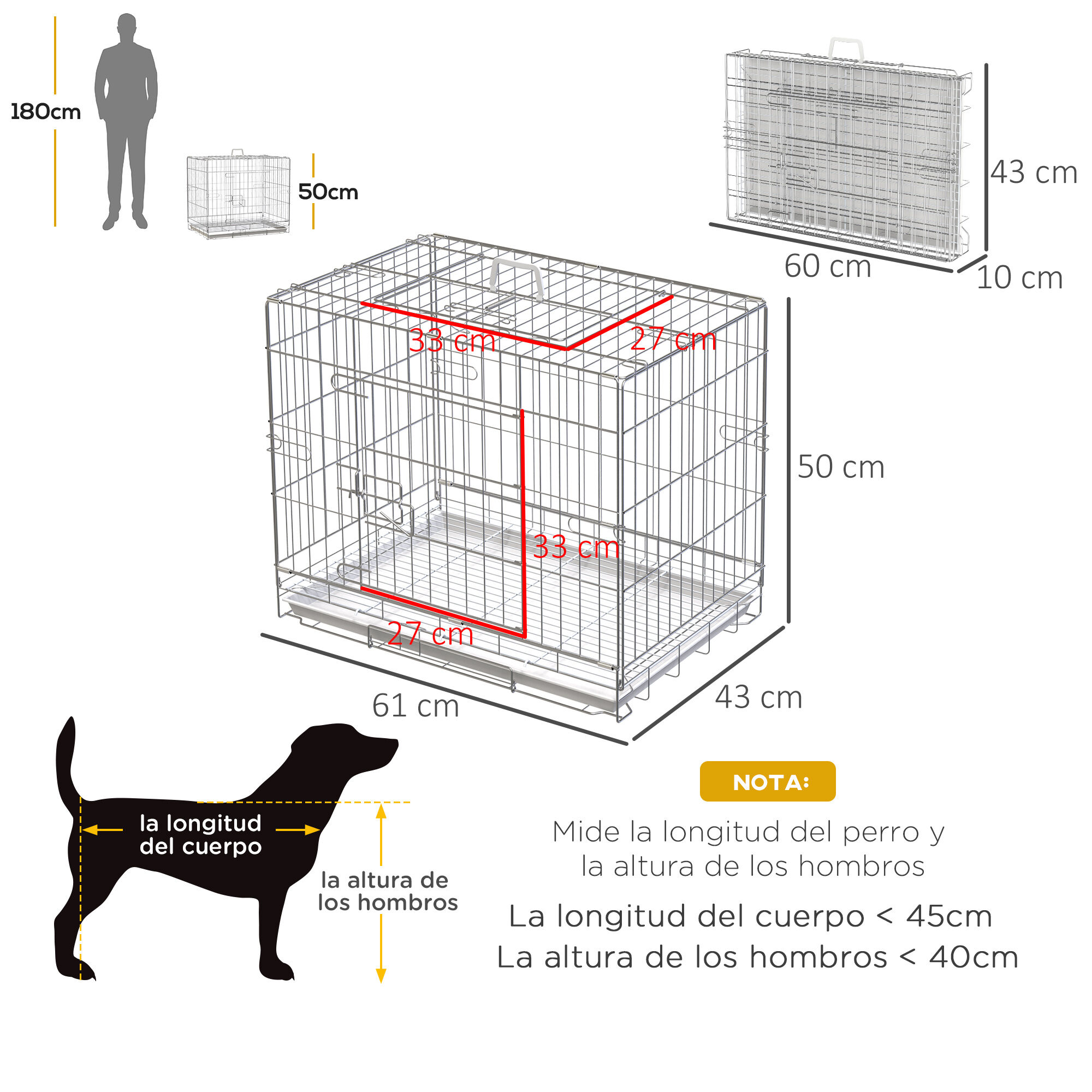 PawHut Jaula Plegable para Perros Perrera Met&aacute;lica 61x43x50 cm Jaula Met&aacute;lica para Perros con Bandeja Extra&iacute;ble y 2 Puertas con Pestillo Blanco, , large Imagen numero 3