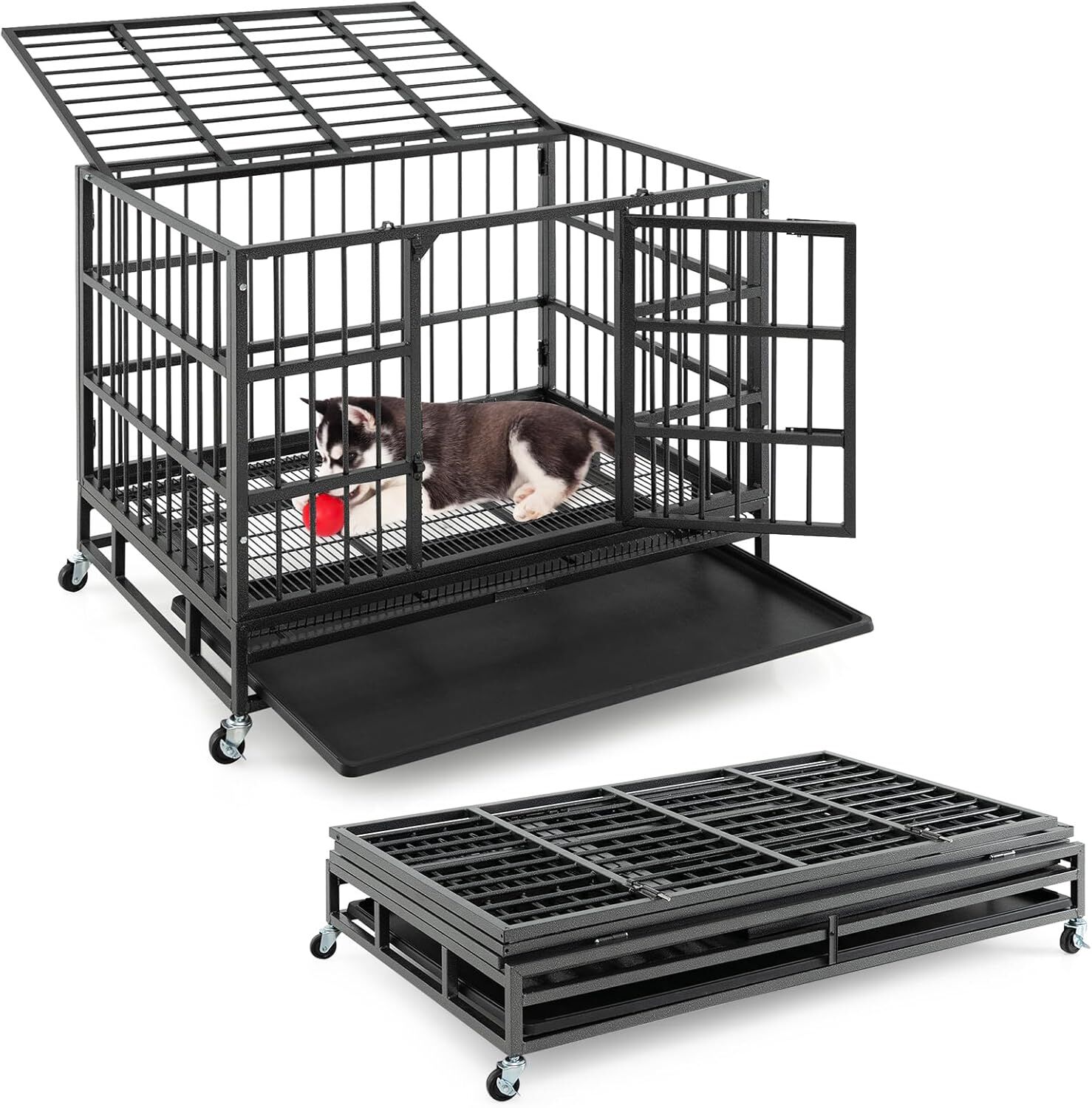 COSTWAY Jaula para Perros Plegable, Jaula para Mascotas de Metal con 2 Puertas, 4 Ruedas Giratorias, Bandeja Extra&iacute;ble, Caja para Perros Port&aacute;til para Interiores y Exteriores (96 x 65 x 77 cm), , large Imagen numero 1
