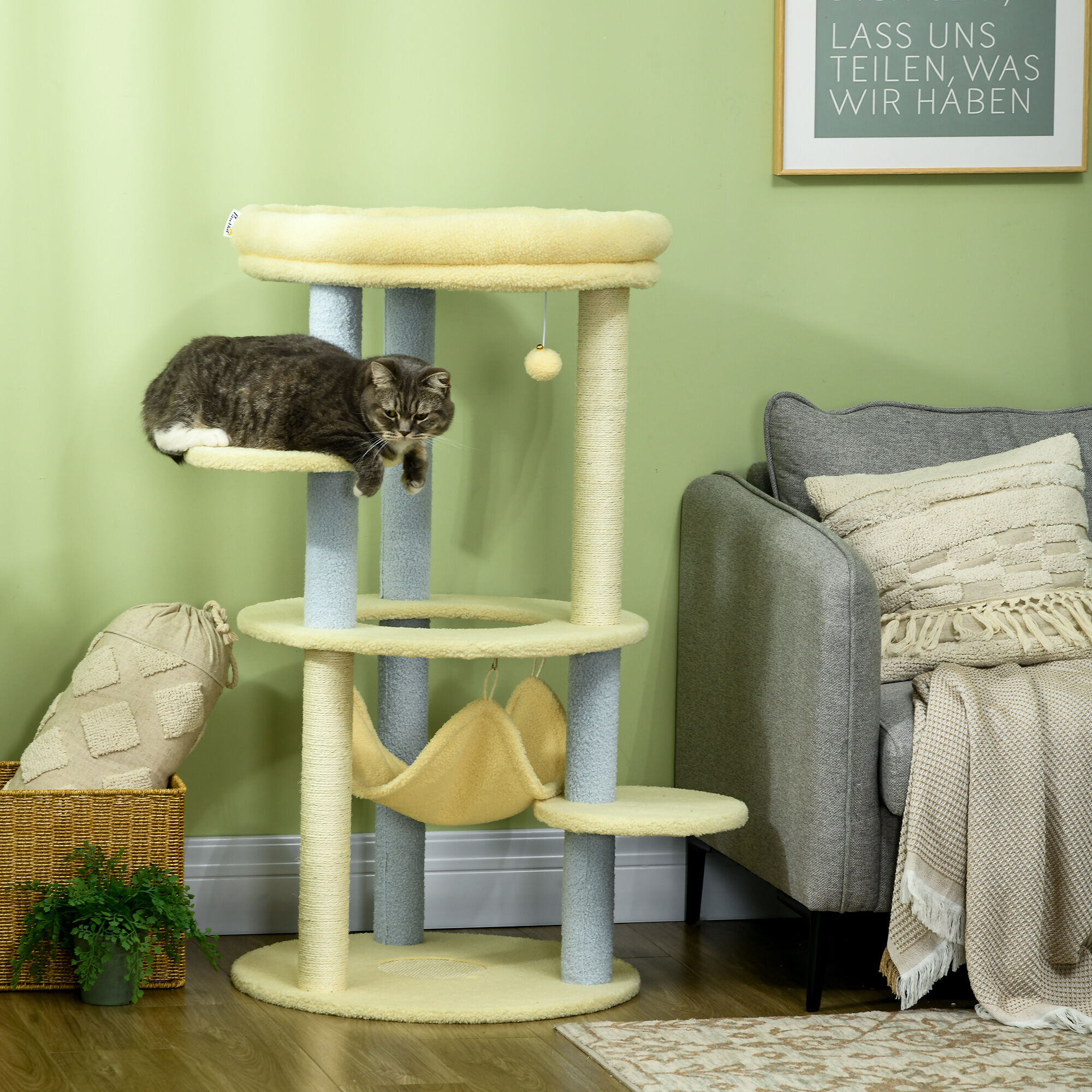 PawHut &Aacute;rbol Rascador para Gatos Mediano 110 cm Torre para Gatos Centro de Actividades para Gatitos con Hamaca Poste de Sisal y Bola Colgante &Oslash;58x110 cm Amarillo y Azul, , large Imagen numero 2