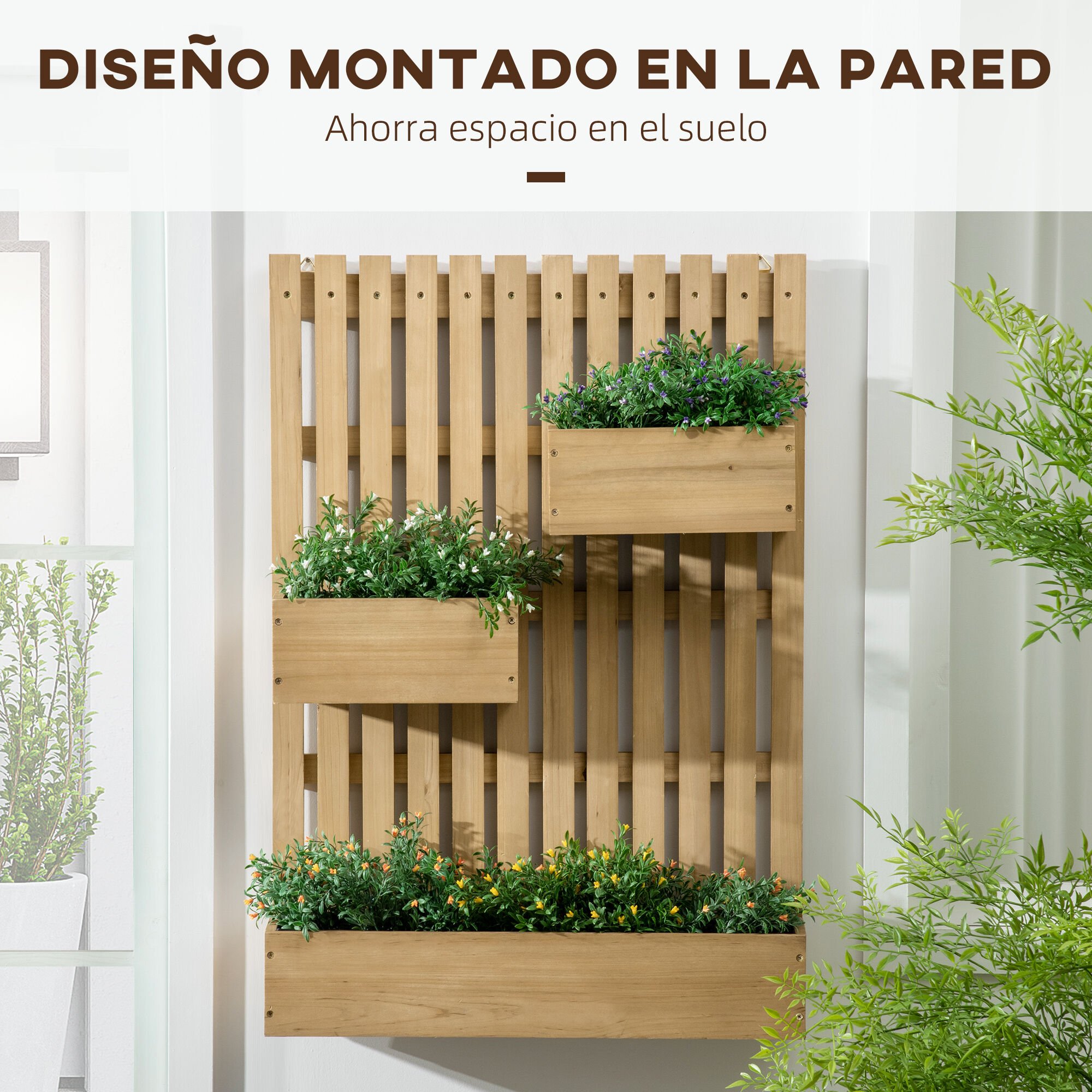 Outsunny Jardinera de Pared con Enrejado Jardinera Vertical de Madera con 3 Macetas M&oacute;viles y Orificio de Drenaje para Jard&iacute;n Terraza Patio 60x16x80 cm Natural, , large Imagen numero 4