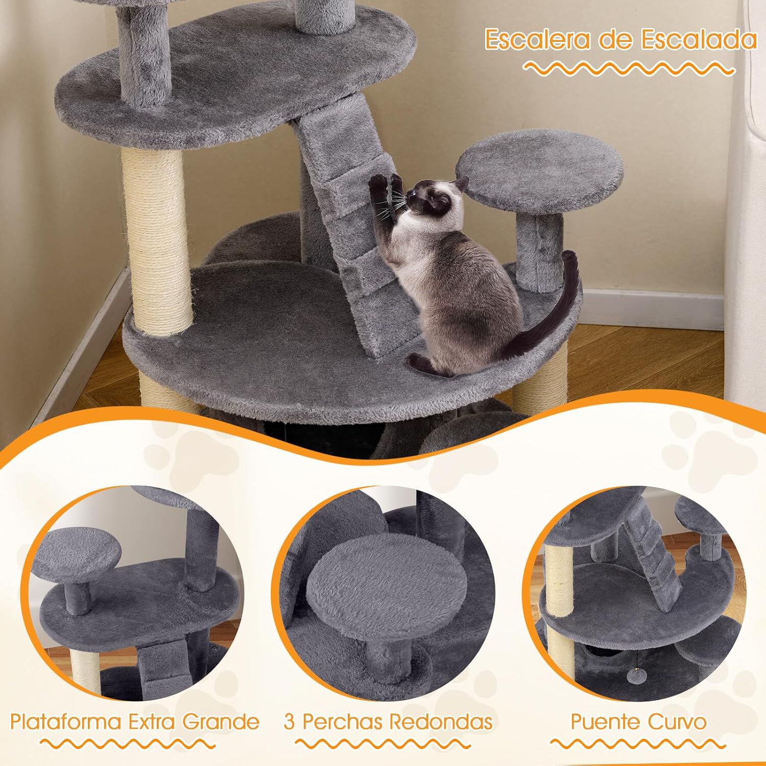 COSTWAY Árbol para Gatos, Torre para Gatos con Condominio y Percha Acolchada, Postes de Sisal para Rascar, Bola Colgante con Campana, Plataformas de Salto, Escalera, Base Ancha Estable (Gris) thumbnail