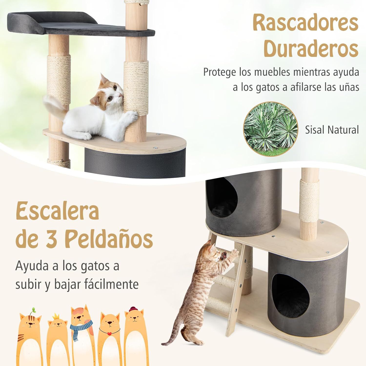 COSTWAY &Aacute;rbol Torre para Gatos, Mueble para Gatos de Varios Niveles con 2 Condominios, Percha, Postes Rascadores, Escalera Recubierta de Sisal, Centro de Actividades de Madera para Gatitos, , large Imagen numero 5