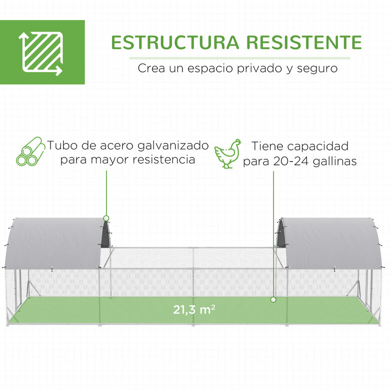 PawHut Gallinero Exterior de Acero Galvanizado 7,6x2,8x1,95 m Gallinero Grande con 4 Pisos Techo Cubierta de Tela Corral para 20-24 Gallinas Conejos Aves Plata, , large image number null