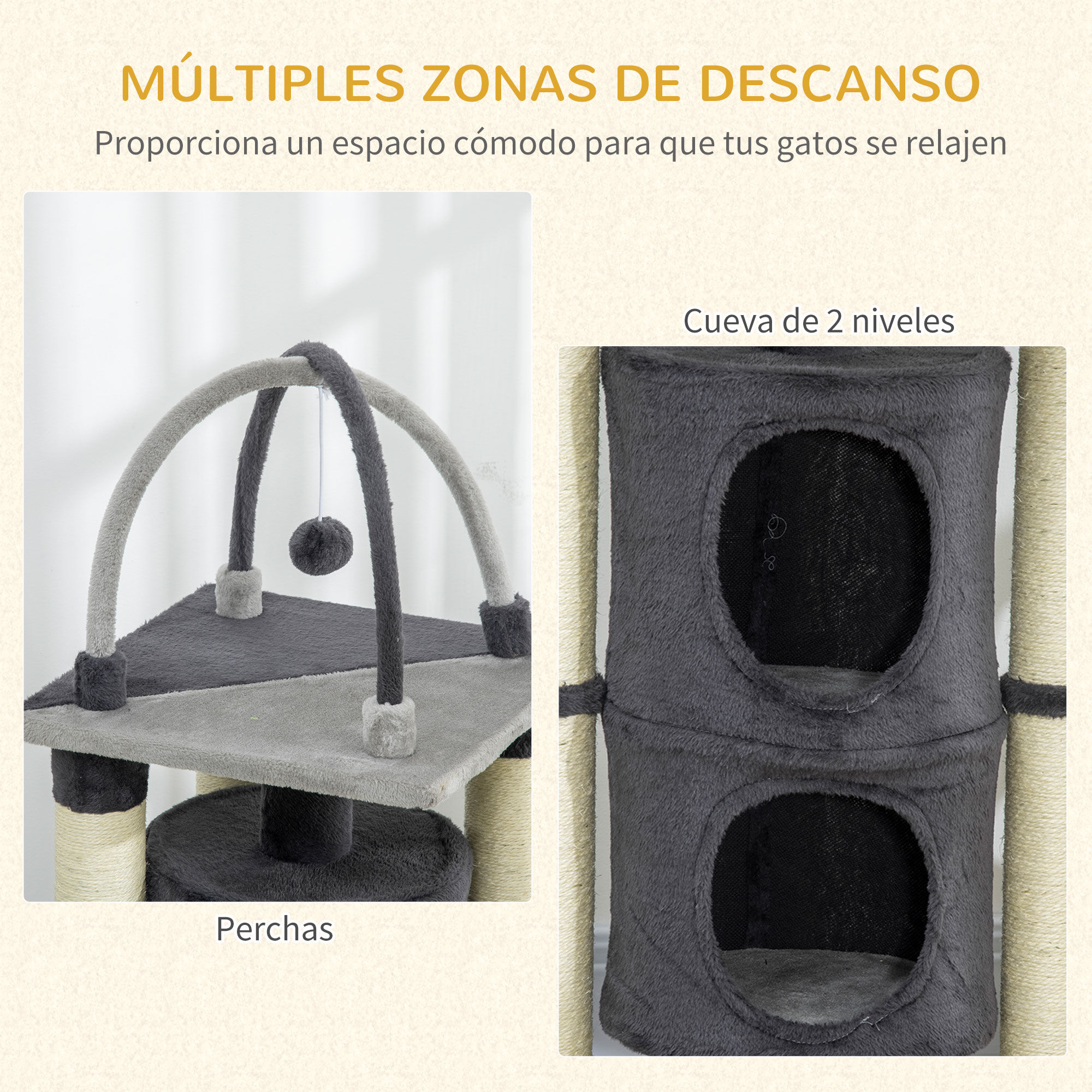 PawHut &Aacute;rbol para Gatos Altura 114 cm Barril Rascador para Gatos de 2 Niveles con Plataforma Postes de Yute y Bola Colgante 39x39x114 cm Gris, , large Imagen numero 4