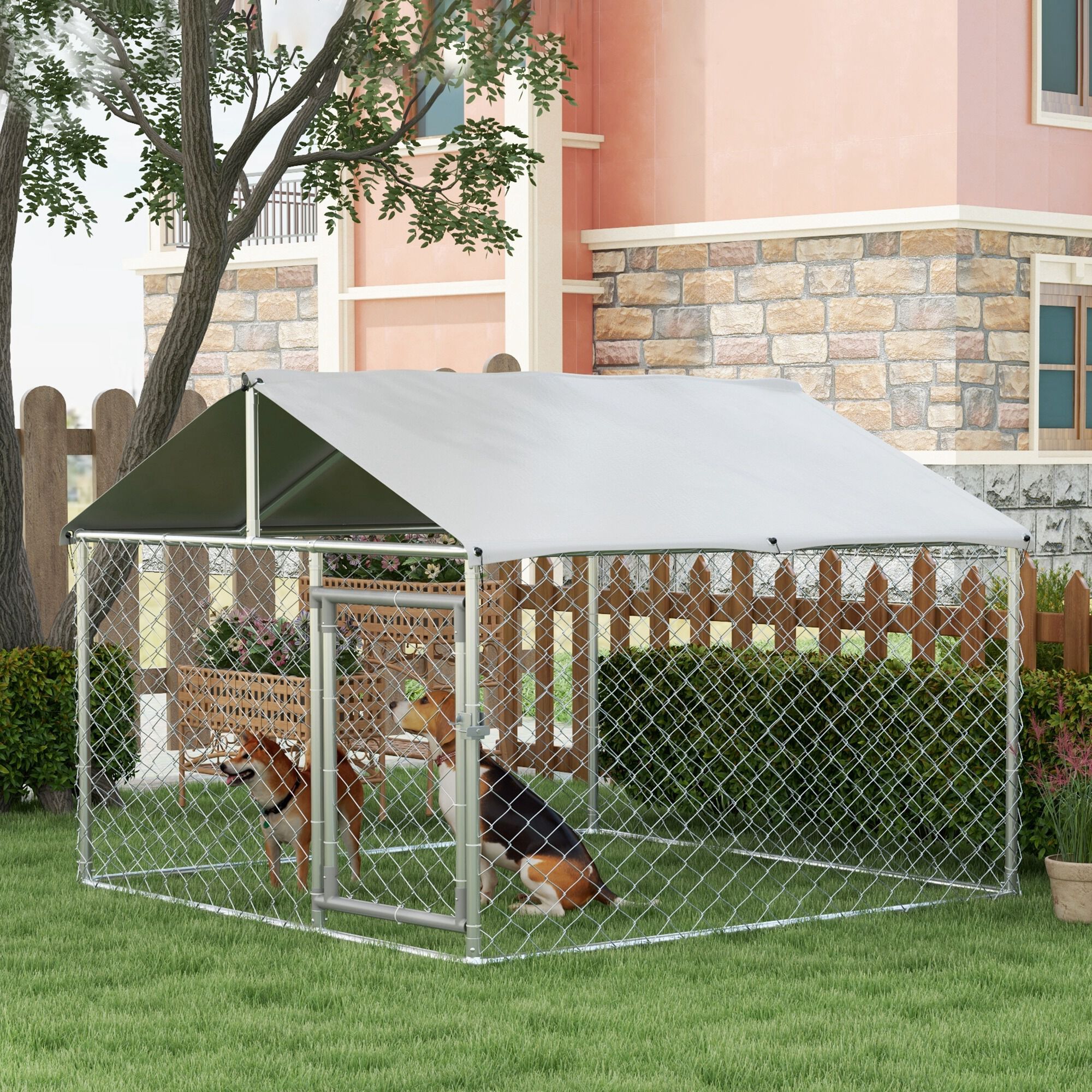 PawHut Perrera Jaula de Exterior para Perros Medianos Parque para Perros con Cerradura Marco de Acero Toldo Impermeable y Anti-UV 200x200x150 cm Plata, , large Imagen numero 7