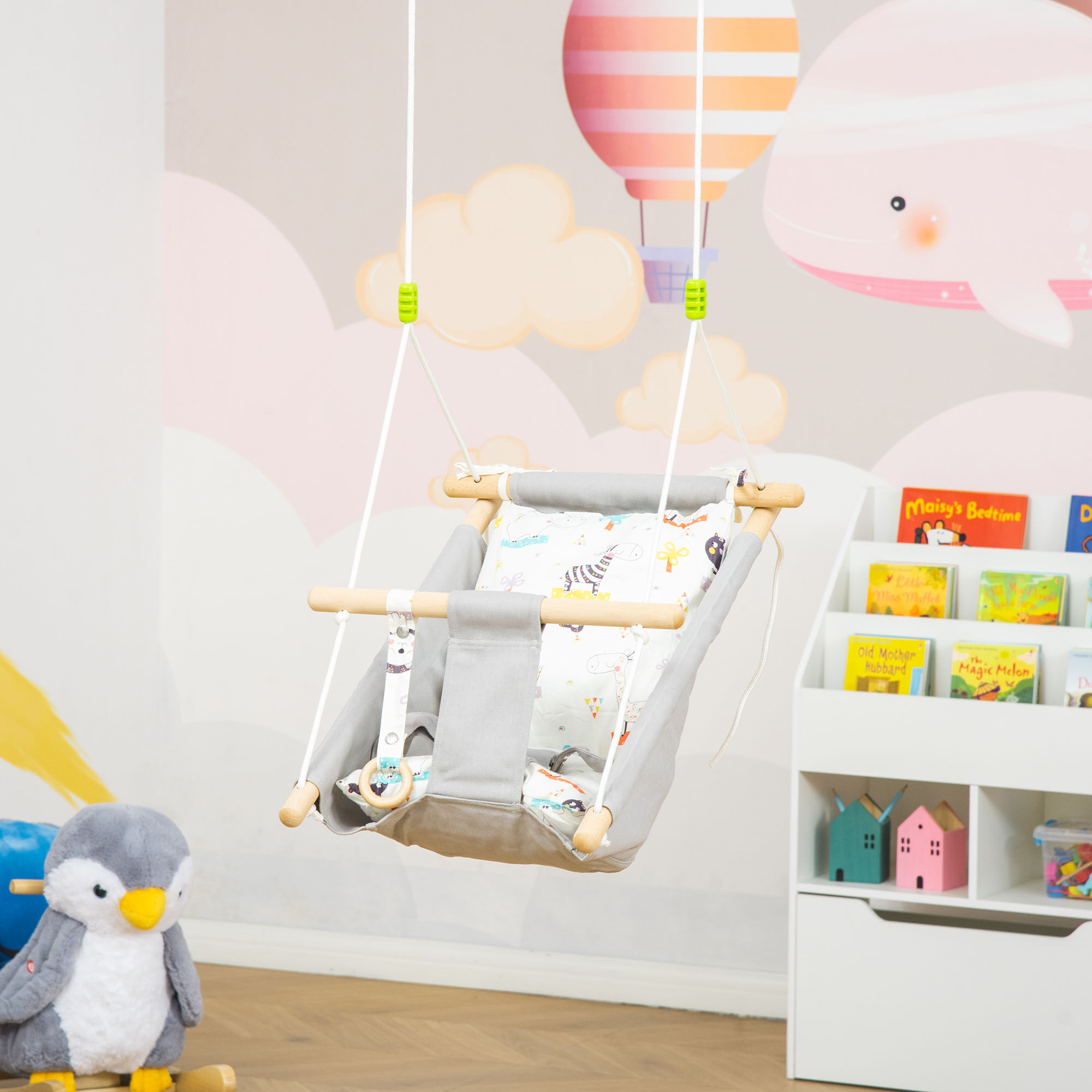 Outsunny Columpio para Beb&eacute; Columpio de Madera Infantil con Altura Ajustable Coj&iacute;n Acolchado y Cintur&oacute;n de Seguridad para Interior Exterior Carga M&aacute;x. 80 kg 70x45x160 cm Gris, , large Imagen numero 2