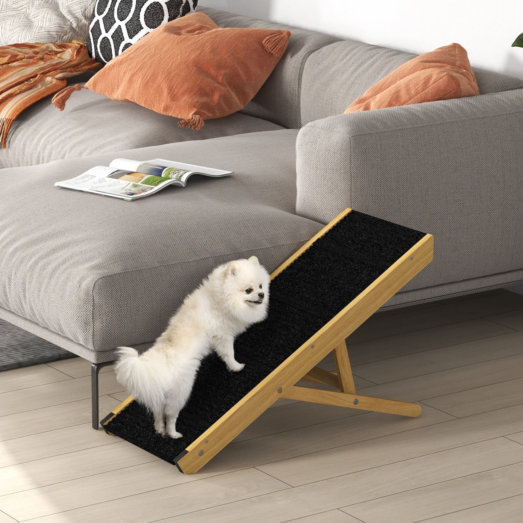 PawHut Rampa para Perros Plegable Rampa para Mascotas de Madera con Altura Ajustable en 4 Niveles para Perros Peque&ntilde;os y Medianos 83,5x35x47,5 cm Natural, , large Imagen numero 2