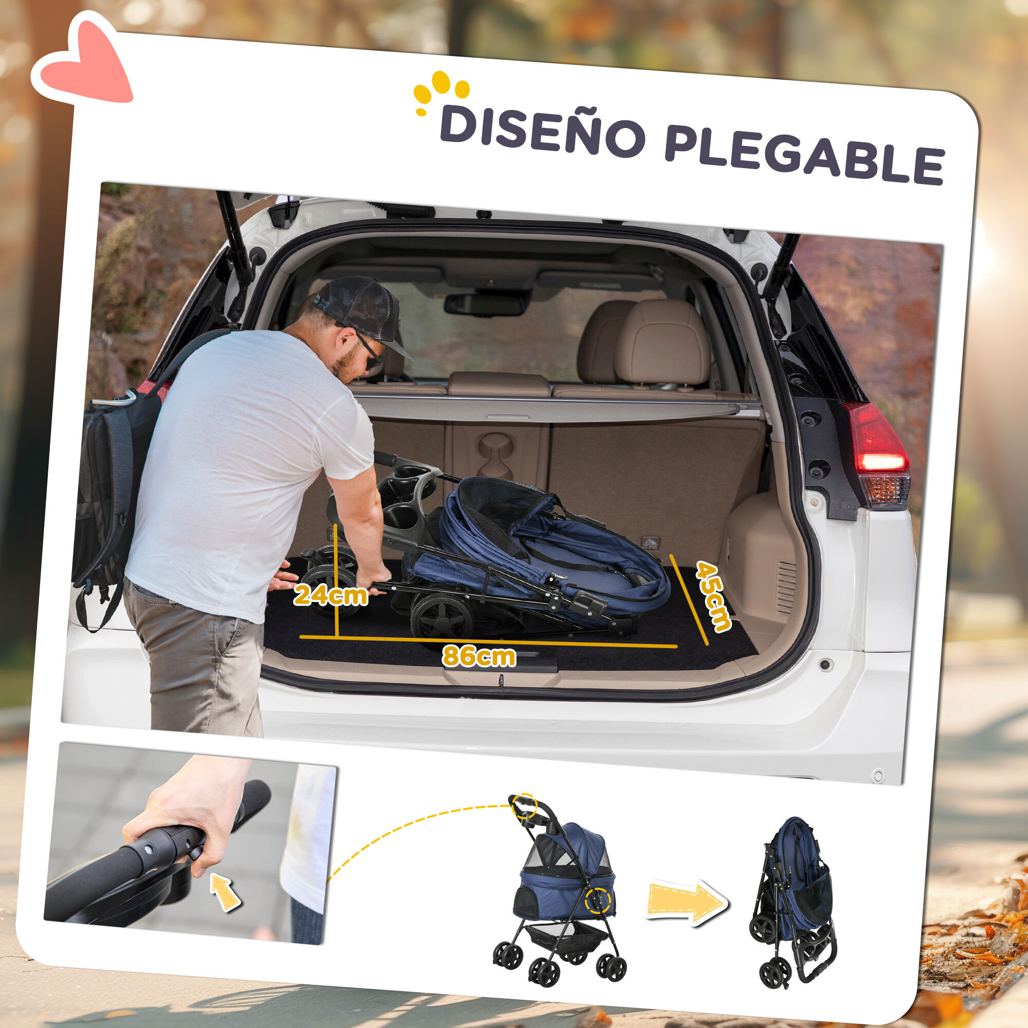 PawHut Cochecito para Perros Plegable Carrito para Perros Peque&ntilde;os con Ruedas Universales Cesta de Almacenaje Correas de Seguridad y Ventanas 67x45x96 cm Azul Oscuro, , large Imagen numero 5