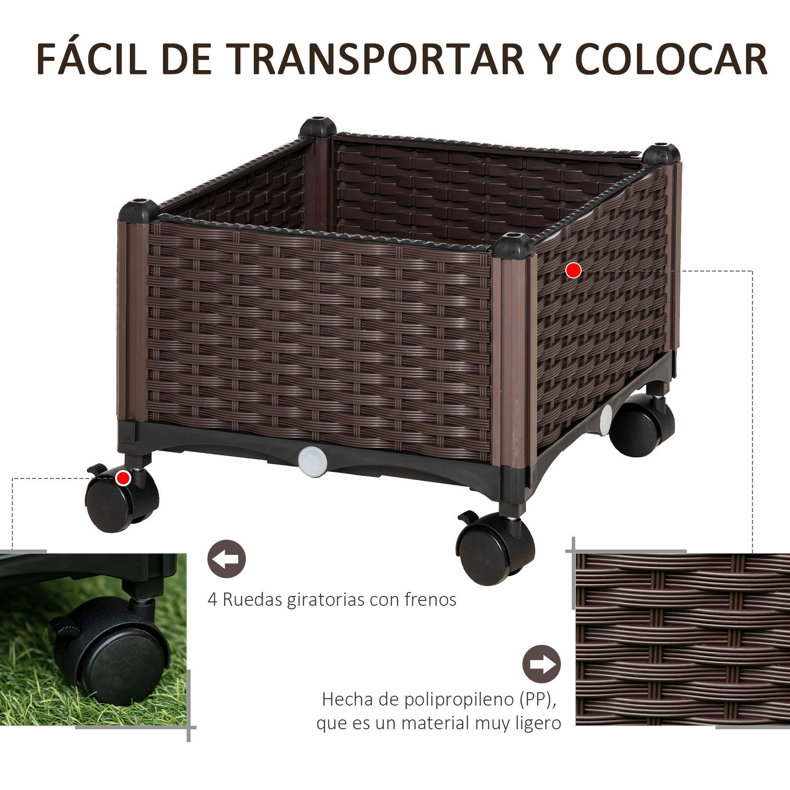 Outsunny Jardinera de Pl&aacute;stico Curdrada con 4 Ruedas Macetero de Jard&iacute;n con Agujeros de Drenaje para Cultivo de Plantas en Exterior Patio Terraza 40x40x31,5 cm Marr&oacute;n, , large Imagen numero 4