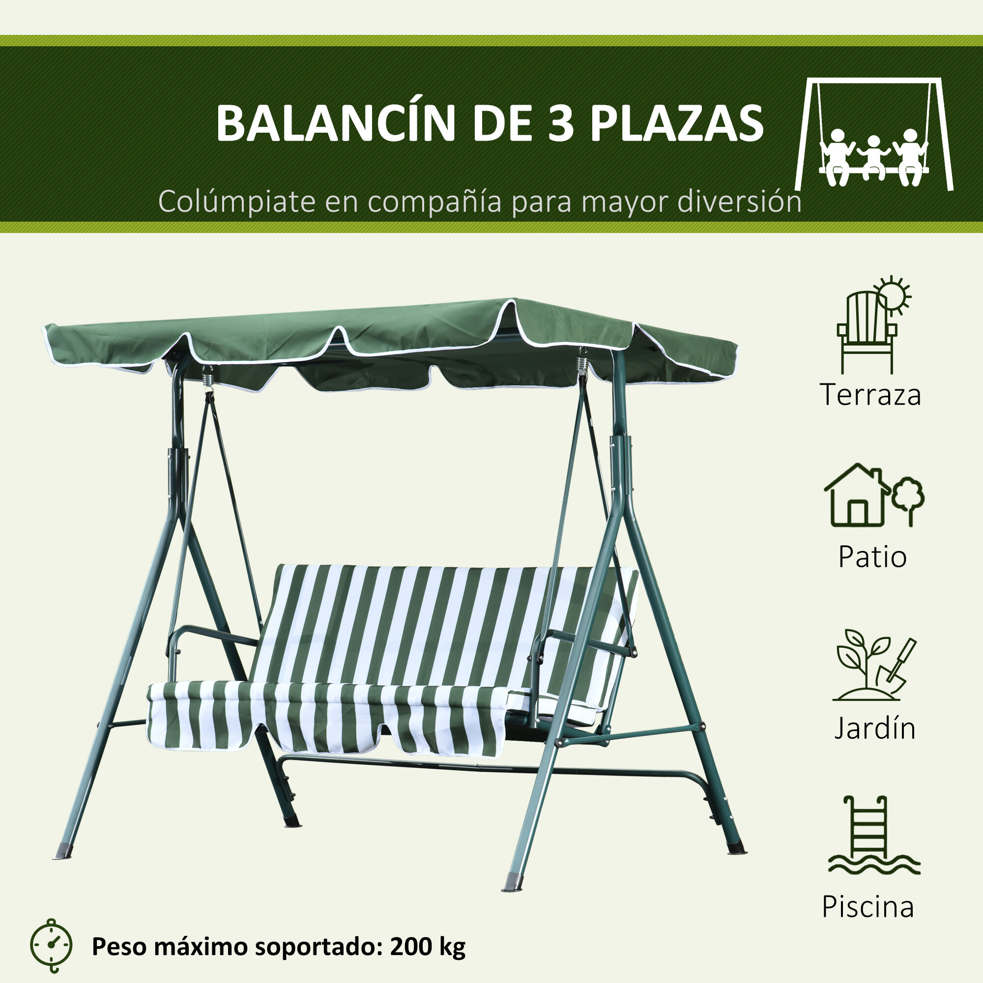 Outsunny Columpio Balanc&iacute;n de Jard&iacute;n Exterior de 3 Plazas con Coj&iacute;n Techo Ajustable y Marco de Metal para Balc&oacute;n Terraza Patio Carga M&aacute;x. 200 kg 172x110x153 cm Raya Verde, , large Imagen numero 4