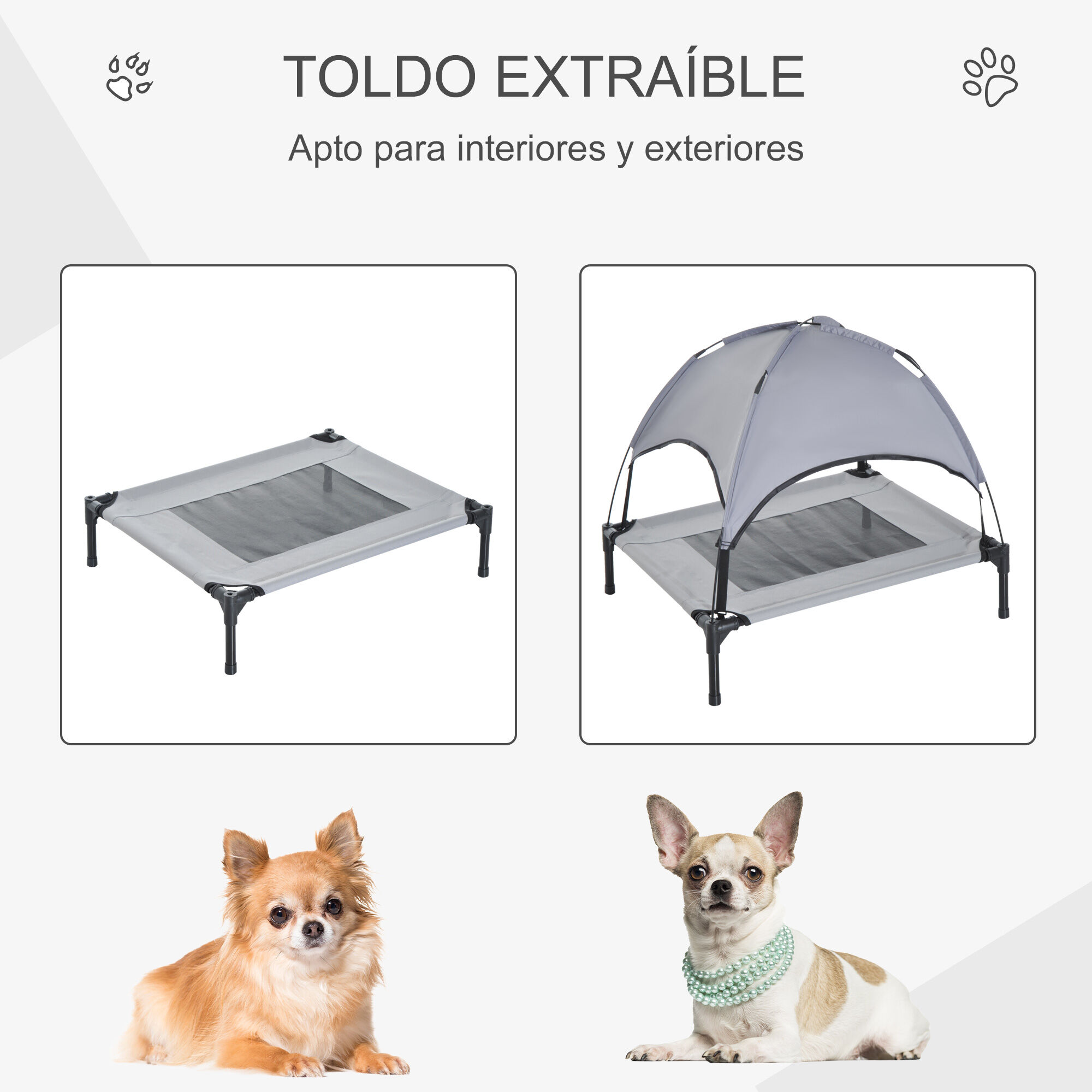 PawHut Cama Elevada para Mascotas Port&aacute;til con Toldo Extra&iacute;ble Tela Transpirable al Aire Libre para Interior y Exterior 61x46x62 cm Gris., , large Imagen numero 5