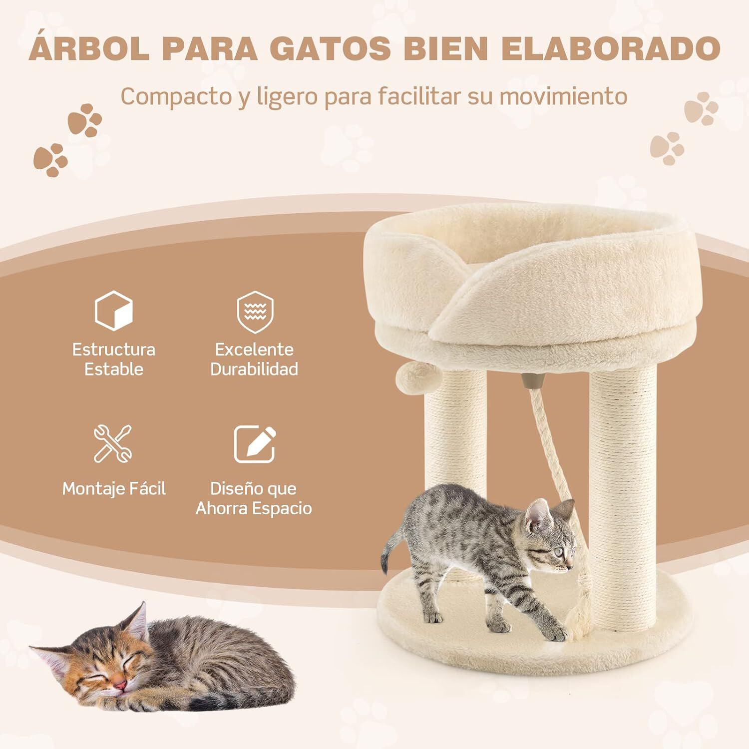 COSTWAY &Aacute;rbol Rascador para Gatos, Altura 53 cm, Torre para Gatos 4 en 1 con Plataforma, Base Acolchada, Bola de Juguete y Cuerda de Sisal, Poste de Rascado (Beige), , large Imagen numero 5