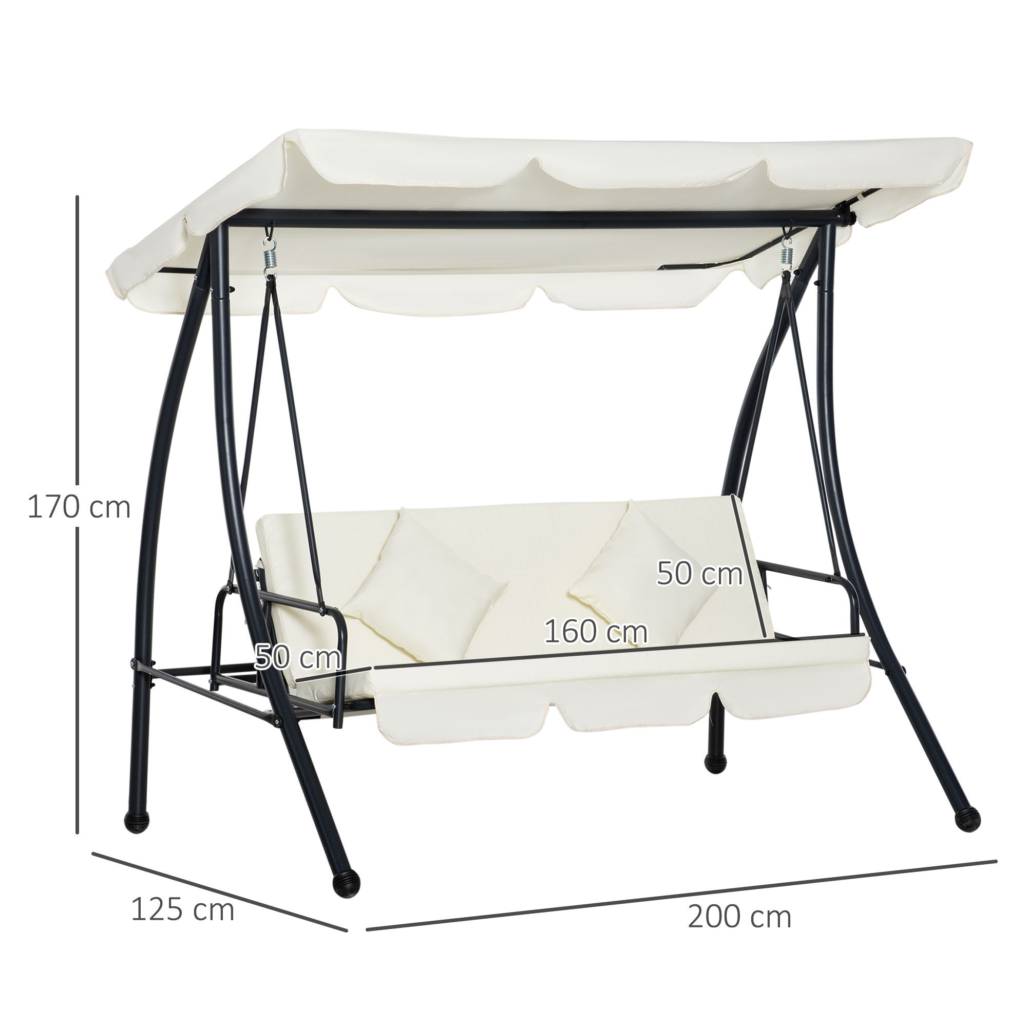 Outsunny Columpio Balanc&iacute;n Jard&iacute;n de 3 Plazas Convertible en Cama con Techo Ajustable Coj&iacute;n Acolchado y Almohadas para Balc&oacute;n Terraza Carga 340 kg Acero 200x125x170 cm Crema, , large Imagen numero 3