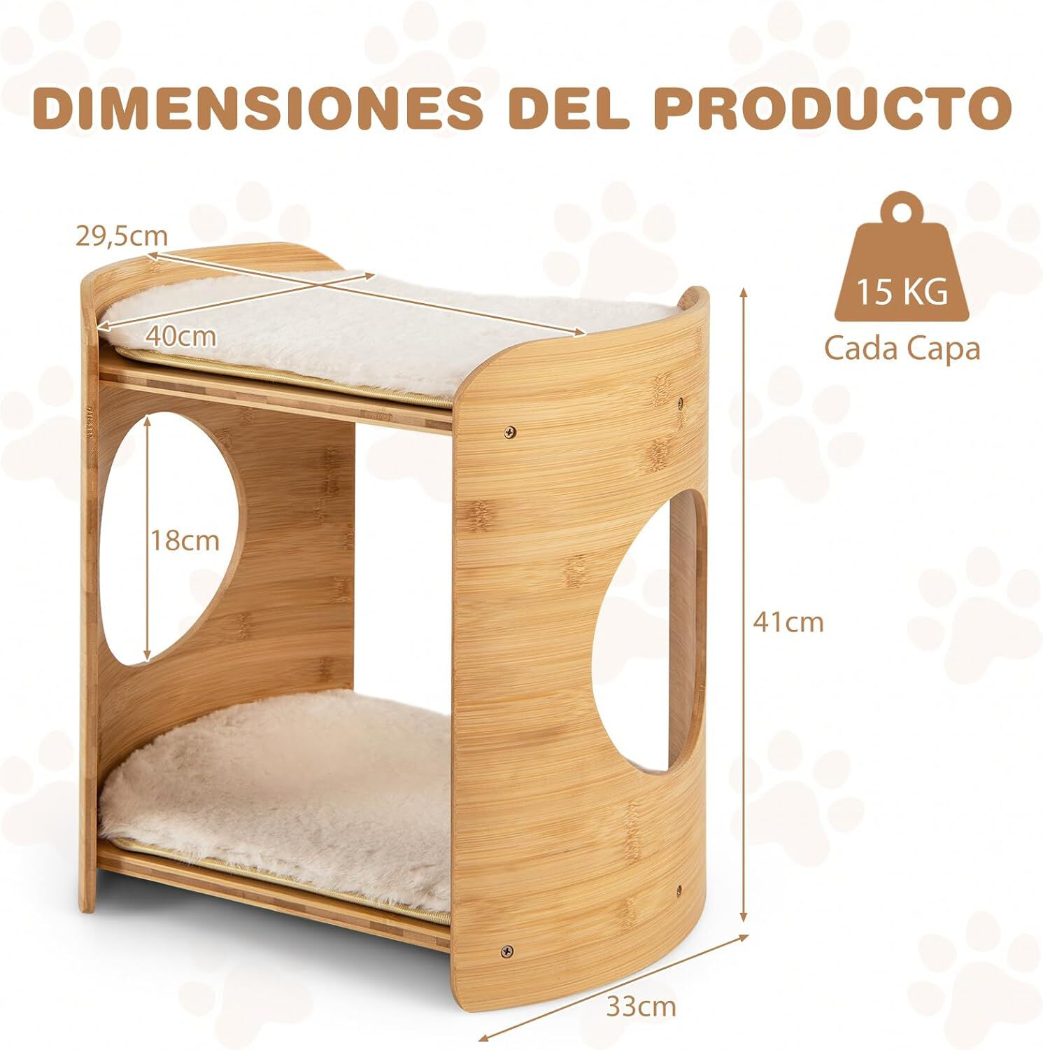 COSTWAY Casa de Gatos de 2 Niveles, Cama de Gato Curva con Marco de Bamb&uacute; Natural, 2 Alfombrillas de Felpa Suaves Extra&iacute;bles y Lavables, 2 Agujeros para Gatos, Natural+Blanco, 40 x 33 x 41 cm, , large Imagen numero 2