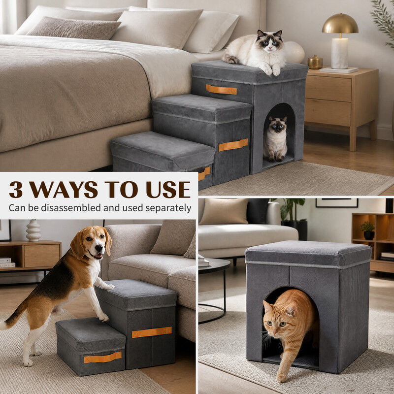 Nobleza Escalera para Perros Peque&ntilde;os y Gatos de 3 Pelda&ntilde;os &ndash; Rampa Plegable y Desmontable con Almacenaje y Cueva de Descanso, Escalones Antideslizantes Soporta hasta 50 kg, 77 &times; 36 &times; 44 cm, Gris, , large Imagen numero 2