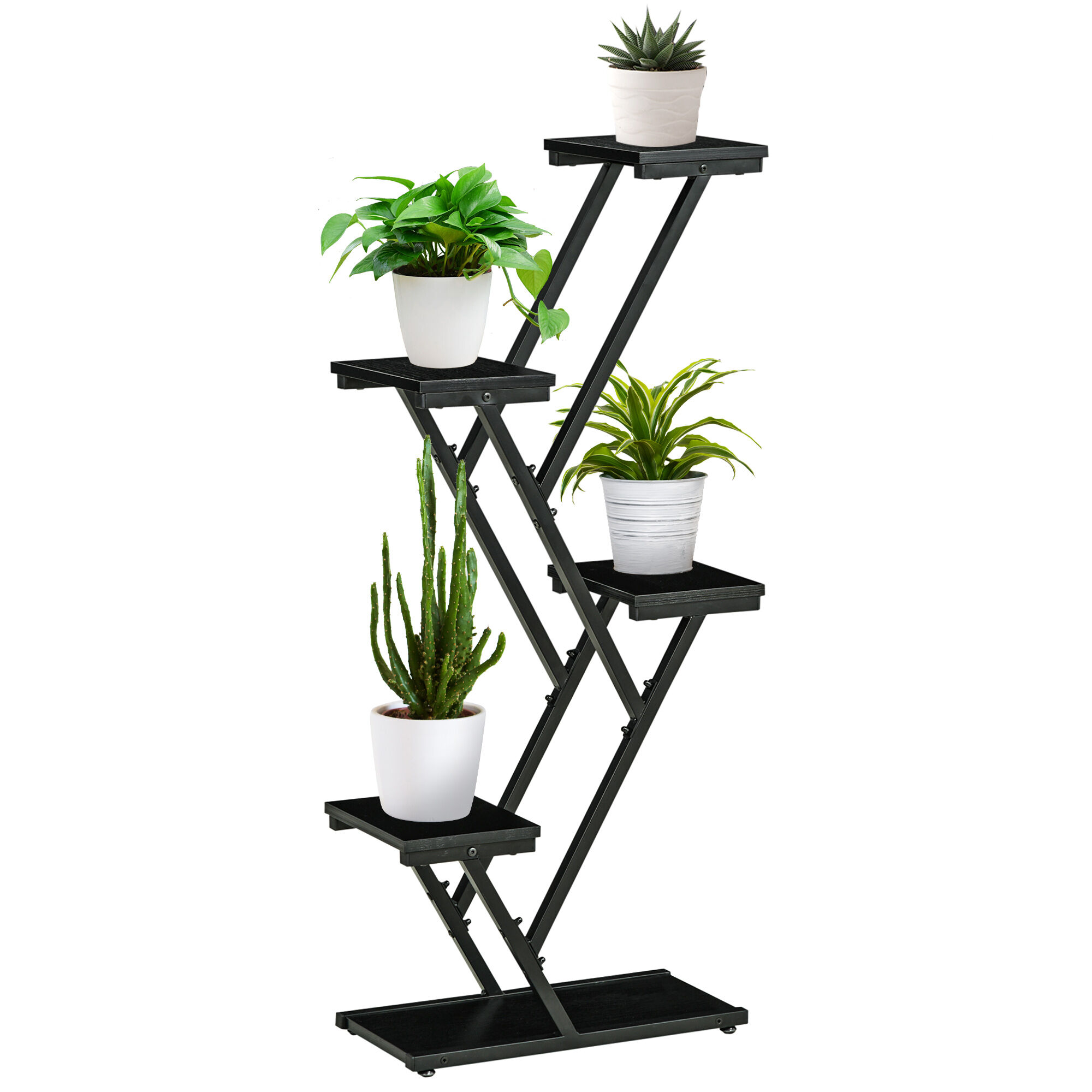 Outsunny Soporte para Plantas de 4 Niveles Estanter&iacute;a de Madera para Macetas con Marco de Acero para Interiores Exteriores Sal&oacute;n Dormitorio 53x24x119,5 cm Negro, , large Imagen numero 1