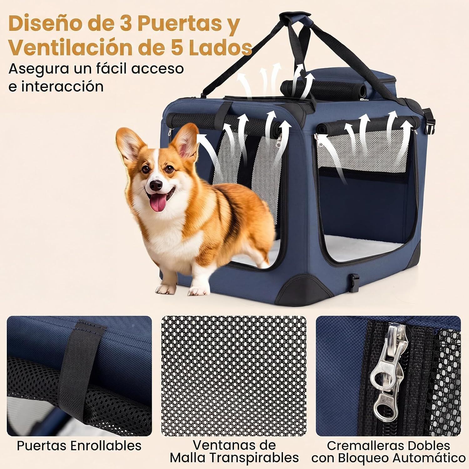 COSTWAY Transport&iacute;n para Perros Plegable, Bolsa Transporte para Gatos con Ventanas de Malla, 3 Puertas y Bolsillos Extra&iacute;bles, Portador de Viaje para Mascotas Interior y Exterior (Azul, S), , large Imagen numero 9