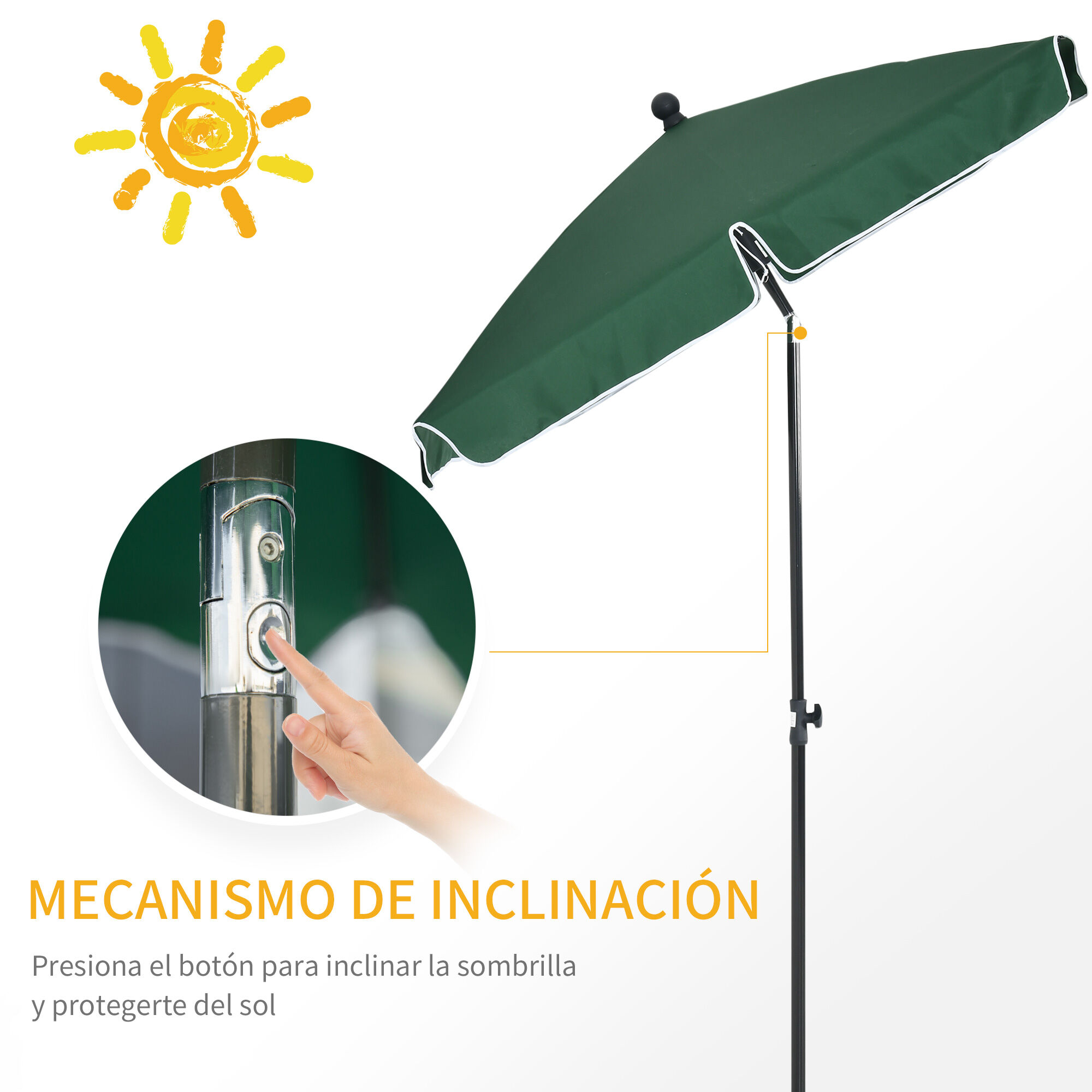 Outsunny Sombrilla de Jard&iacute;n de Aluminio 198x130x245 cm Parasol de Jard&iacute;n Rectangular con Funci&oacute;n de Inclinaci&oacute;n para Terraza Patio Exterior Verde, , large Imagen numero 4